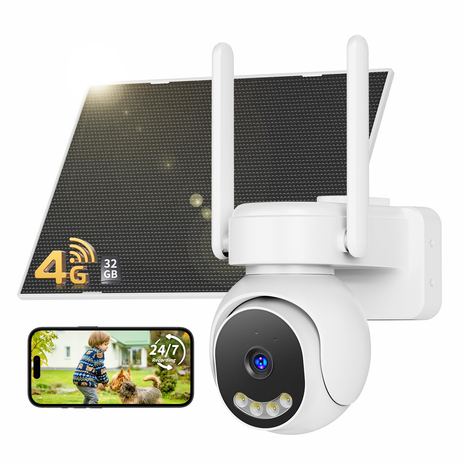Tical 24/7 Grabación AOV Cámara Vigilancia 4g Exterior Solar con SIM, 2K PTZ Camara Exterior Solar con 12000mAh Batería 7,5W Panel Solar, Seguimiento Auto, Detección IA, 360°, con Tarjeta 32GB