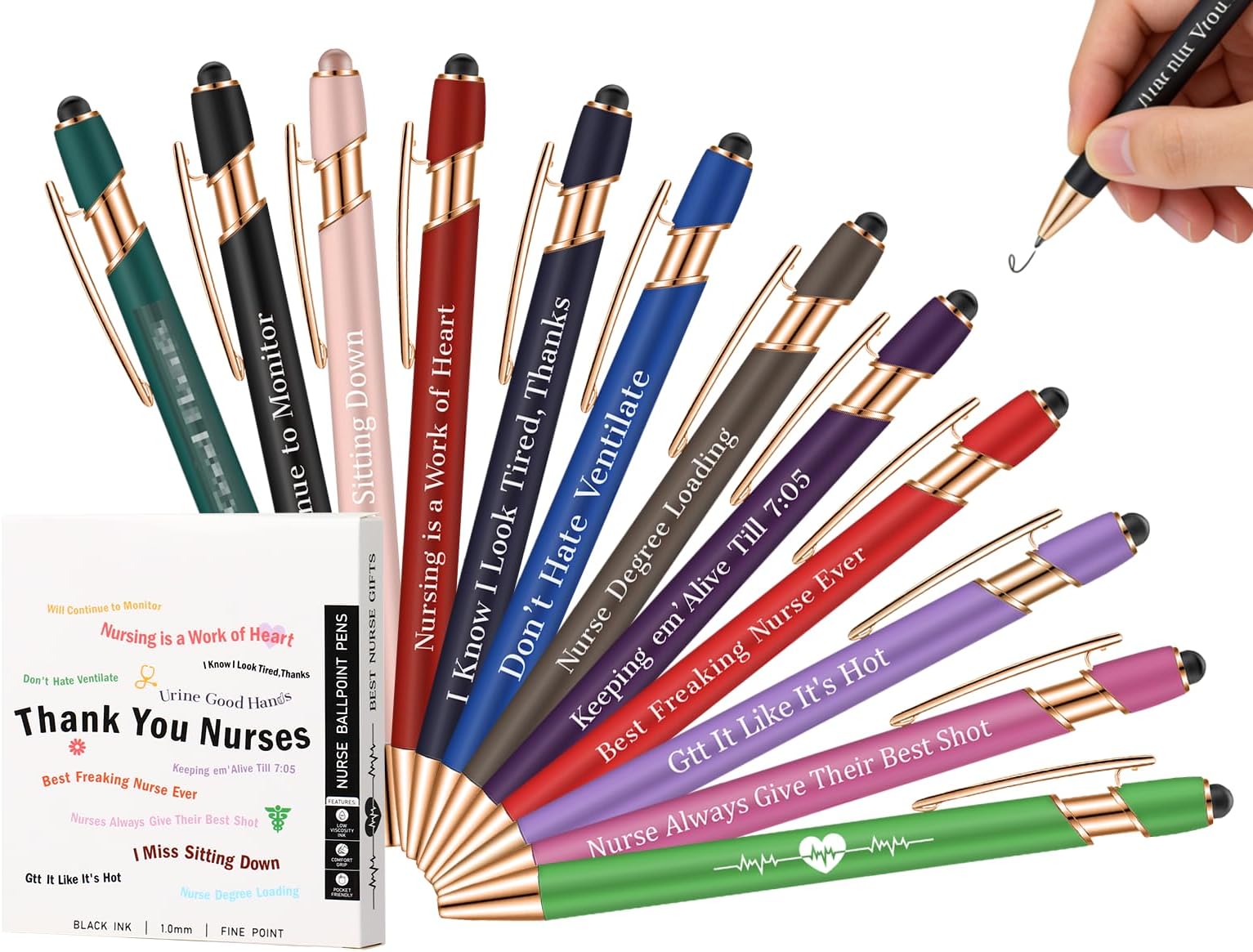 Funny Nurse Pens Set Bulk (12 Pcs) - Nursing Pens Nurses Week Gifts Essentials for Nurses Women Students Coworkers |Daily Humor | Black Ink Ballpoint with Stylus Tip (Style 1)