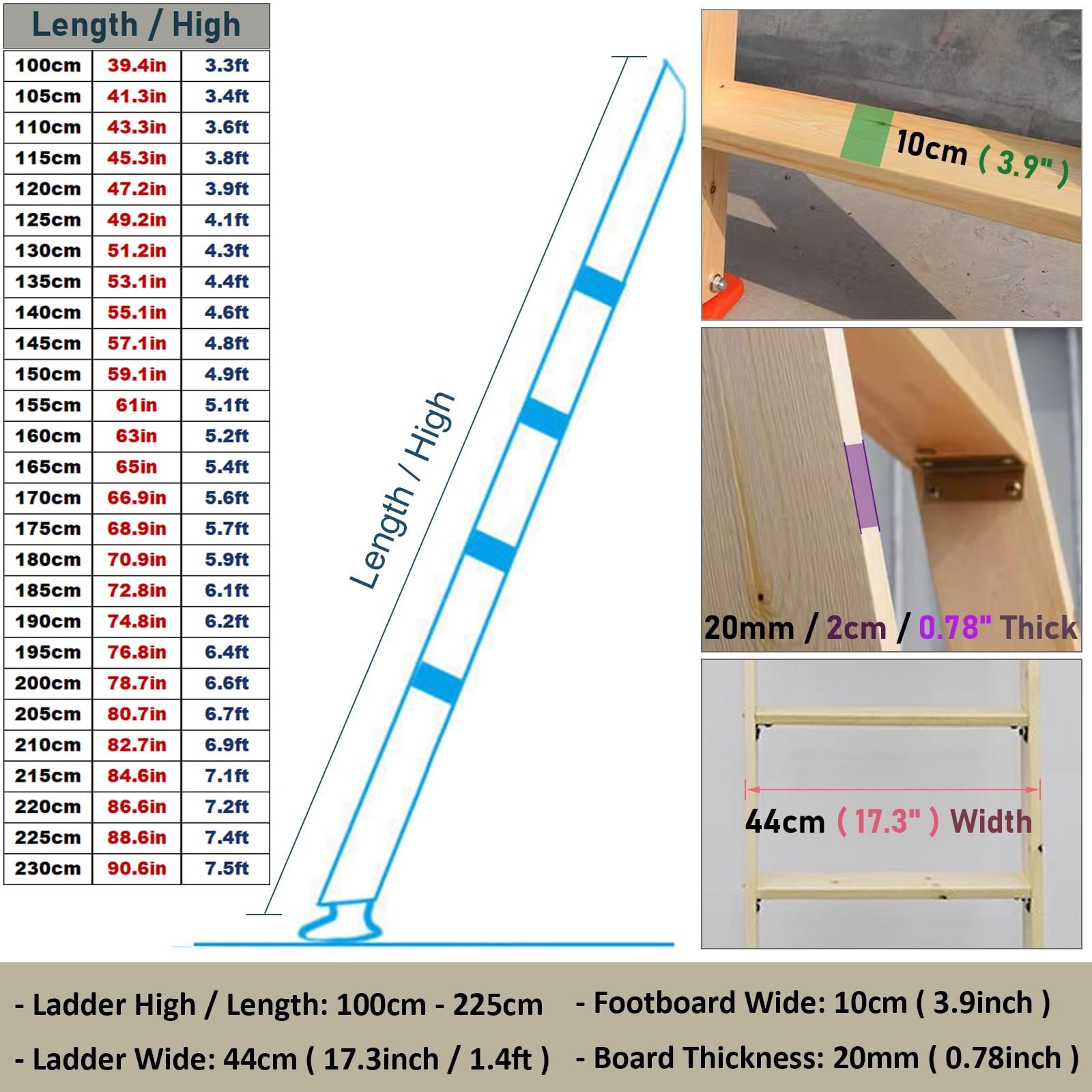 LXLZYXSF Kinder-Etagenbett-Leiter Ersatz Hölzerne Hochbett-Leiter, Wohnmobile Wohnmobil Stockwerkleiter Oben 100cm - 230cm Hoch, Wohnbett-Leiter Für Schulen, Baumhäuser(H-1.15m/45.3in/3.8ft)