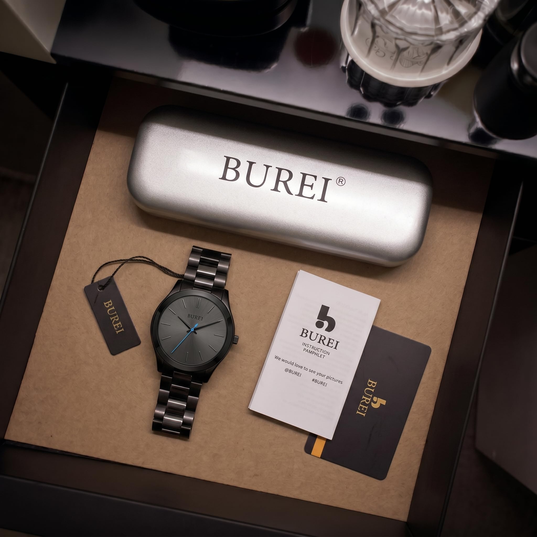 BUREI Ultradünne Herrenuhr – Minimalistisches Analog-Design, wasserdichtes Quarzwerk, Geschenk für Männer (Weiß/blau)