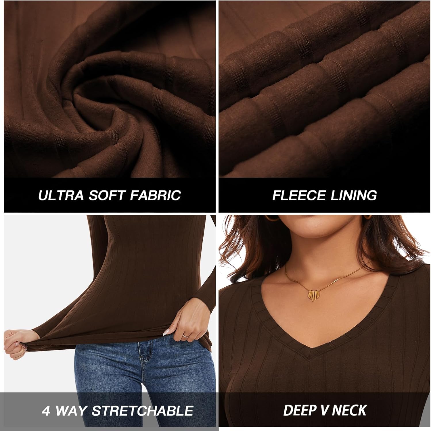 WOWENY Womens Long Sleeve Thermal Shirts V Neck Underwear Tops T Shirts Warm Base Layer Basic Fitted Tees - Image 4