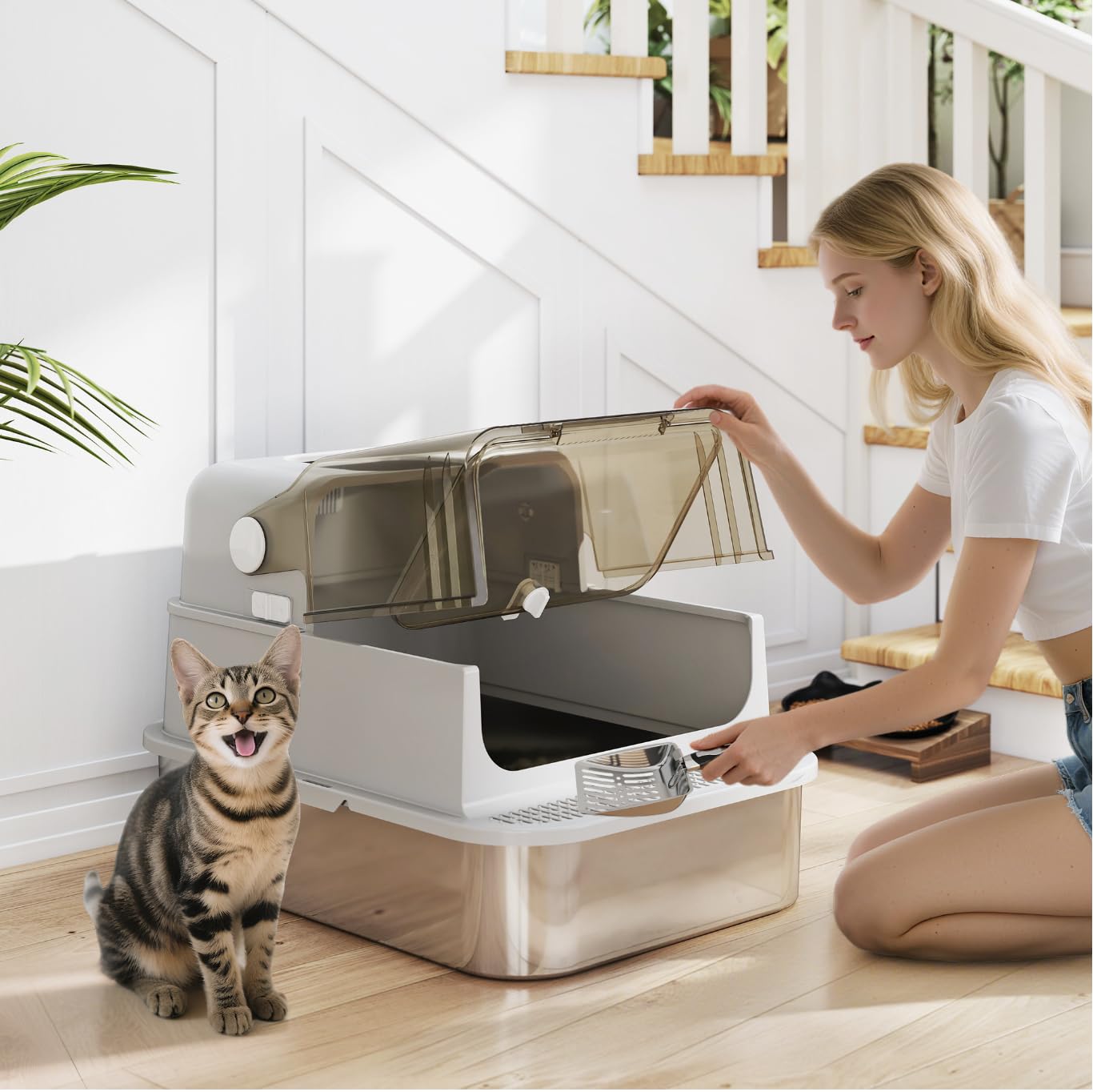 ZOOPARK Litière Fermée Chat XXL 70x50cm INOX Anti-Projection - Maison de Toilette Maine Coon Ragdoll, Bac Acier Inoxydable, Couvercle Transparent, Pelle INOX Incluse