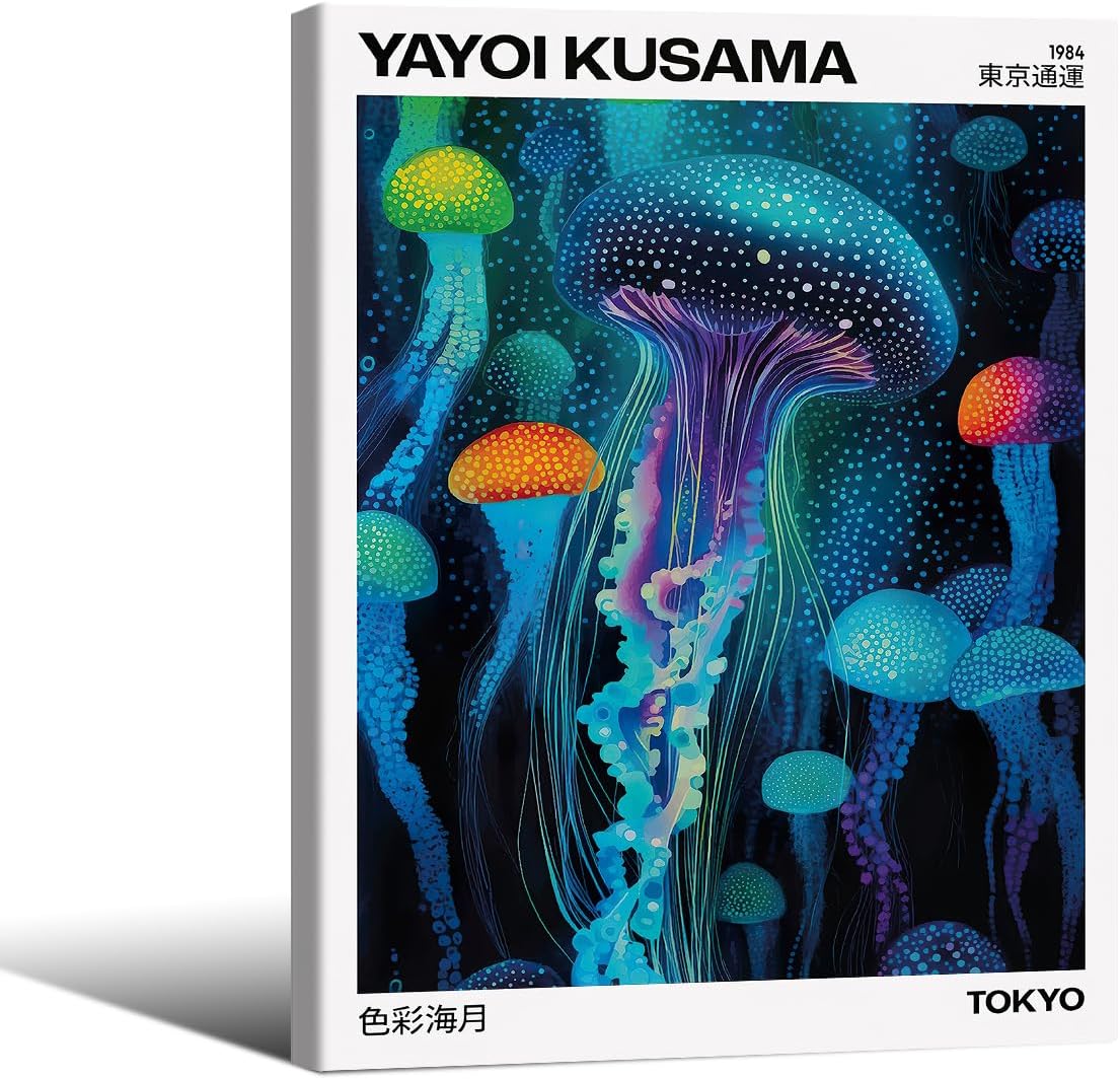 Colorful Ocean Jellyfish Wall Art Unique Japanese Animal Posters Yayoi Kusama Canvas Prints 12X16 inch Framed for Living Room Bedroom Wall Decor