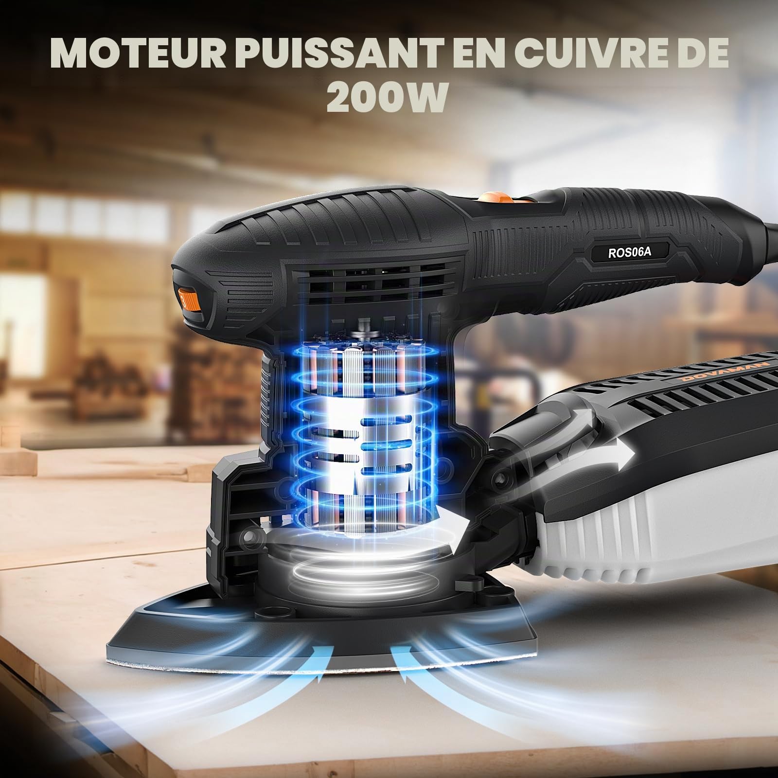 DOVAMAN ROS06A Ponceuse Multifonction 3-en-1, 200W Ponceuse de Détail, 6 Vitesses, 15 Papiers Abrasifs, Faible Vibration, Aspiration de la Poussière, Ponceuse Vibriante, Excentrique et de Détail