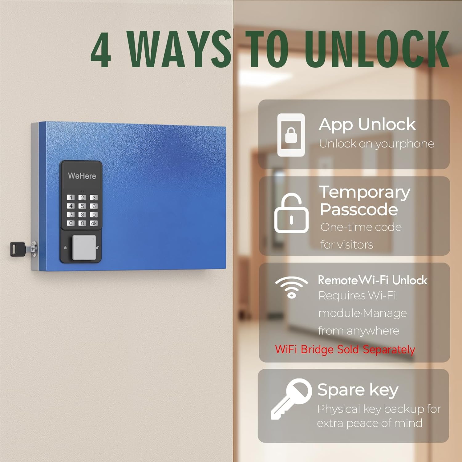 WeHere 16-Key Key Lock Box Wall Mount – Smart Key Cabinet with App, Keypad, Bluetooth & WiFi Unlock (Sold Separately), Key Organizer for Home, Access Log Tracking Key Management for Small Office