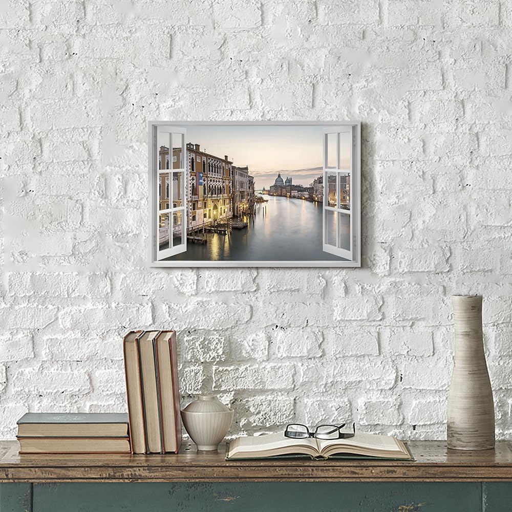 Italy Cityscape Canvas Wall Art: Venice Water City Picture Fake Window Port Town Prints Artwork for Living Room Bedroom Bathroom