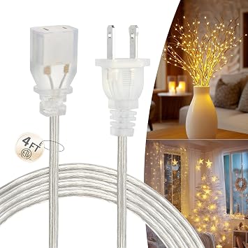4FT Clear Extension Cord, Short Thin Indoor 2-Prong Power Cable