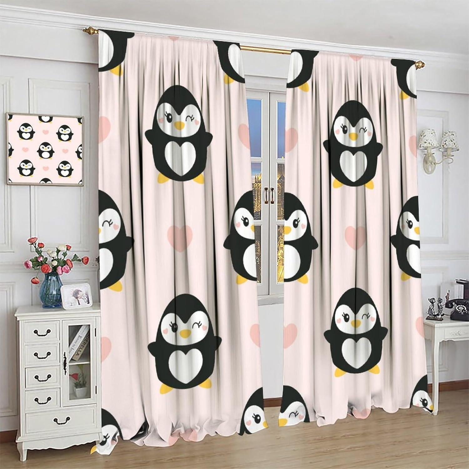 Cute Penguin Curtains, Pink Cartoon Penguin Animal Love Heart Pattern Print Rod Pocket Curtains for Kids Boys and Girls Bedroom Toy Room Living Room Decor 42x54in, Style-3