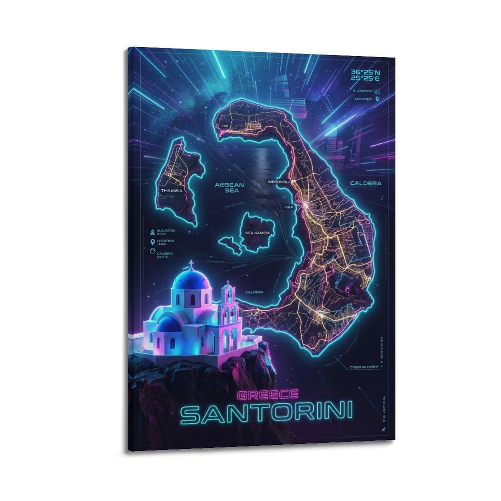 XKUGA Cyber Neon City Map Poster Santorini Greece Modern Decorative Canvas Prints - Ideal Wall Art for Family, Man Cave, Game Room, Boys & Girls Bedroom 24x36inch(60x90cm)