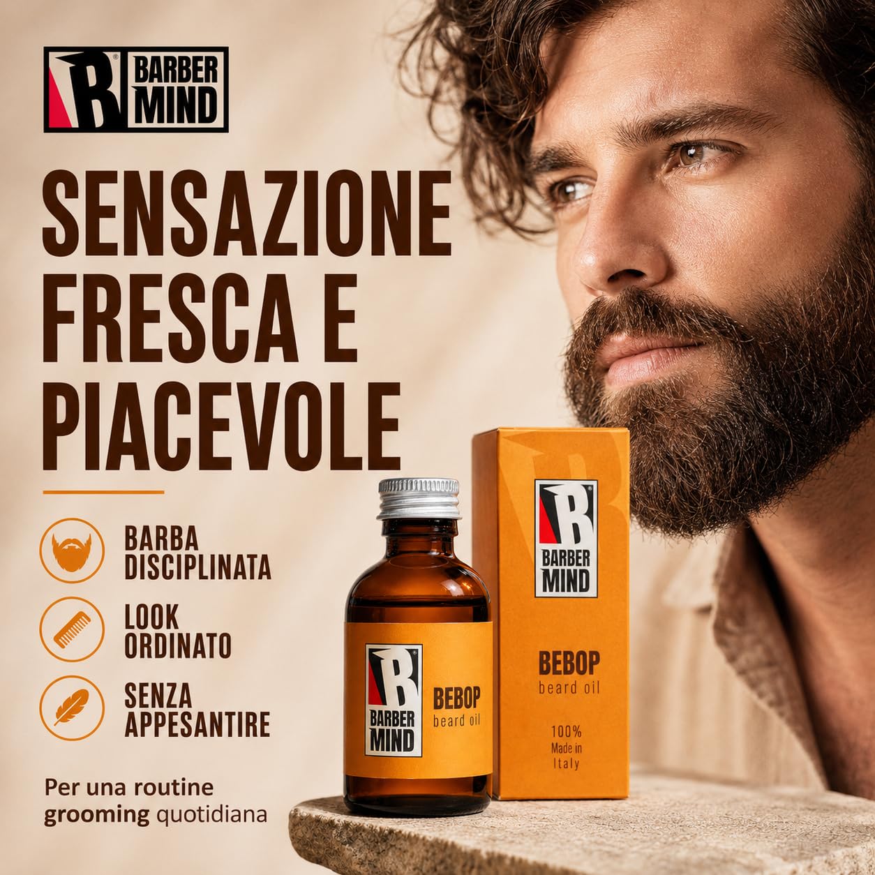 Barber Mind Bebop Olio da Barba Uomo, Beard Oil con Oli Essenziali di Lavanda, Menta Piperita e Rosmarino per Barba Morbida, Idratata e Profumata, Made in Italy, 50 ml