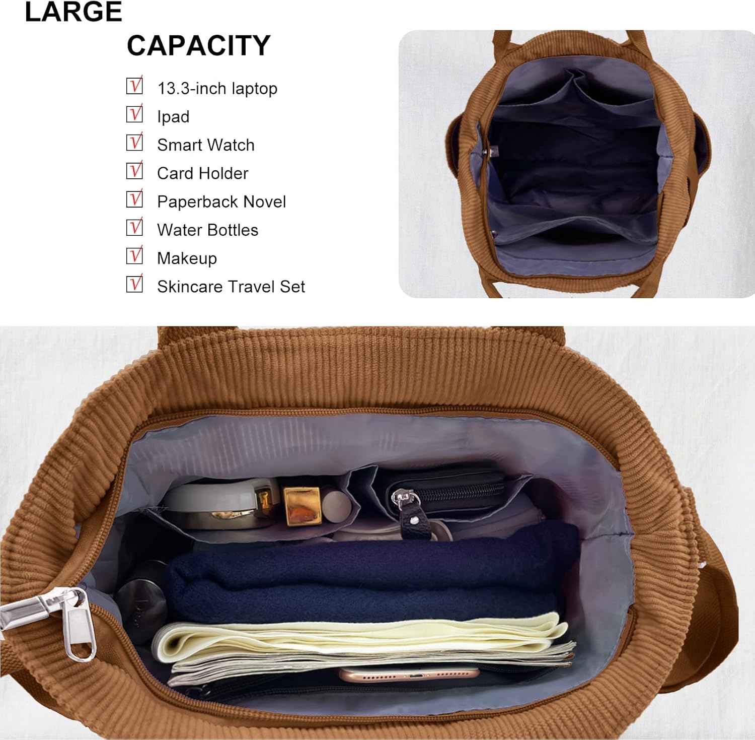 Beurlike Corduroy Tote Bag for Women Large Crossbody Hobo Bags Casual Messenger Shoulder Handbag for Shopping Work - Image 5