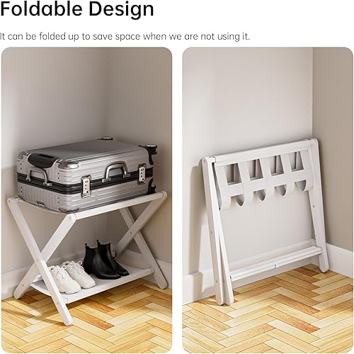 Miniatura 3 de HITNET Portaequipajes blanco, juego de 2, soporte plegable para maleta con estante de almacenamiento, soporte de equipaje de bambú con 5 correas de