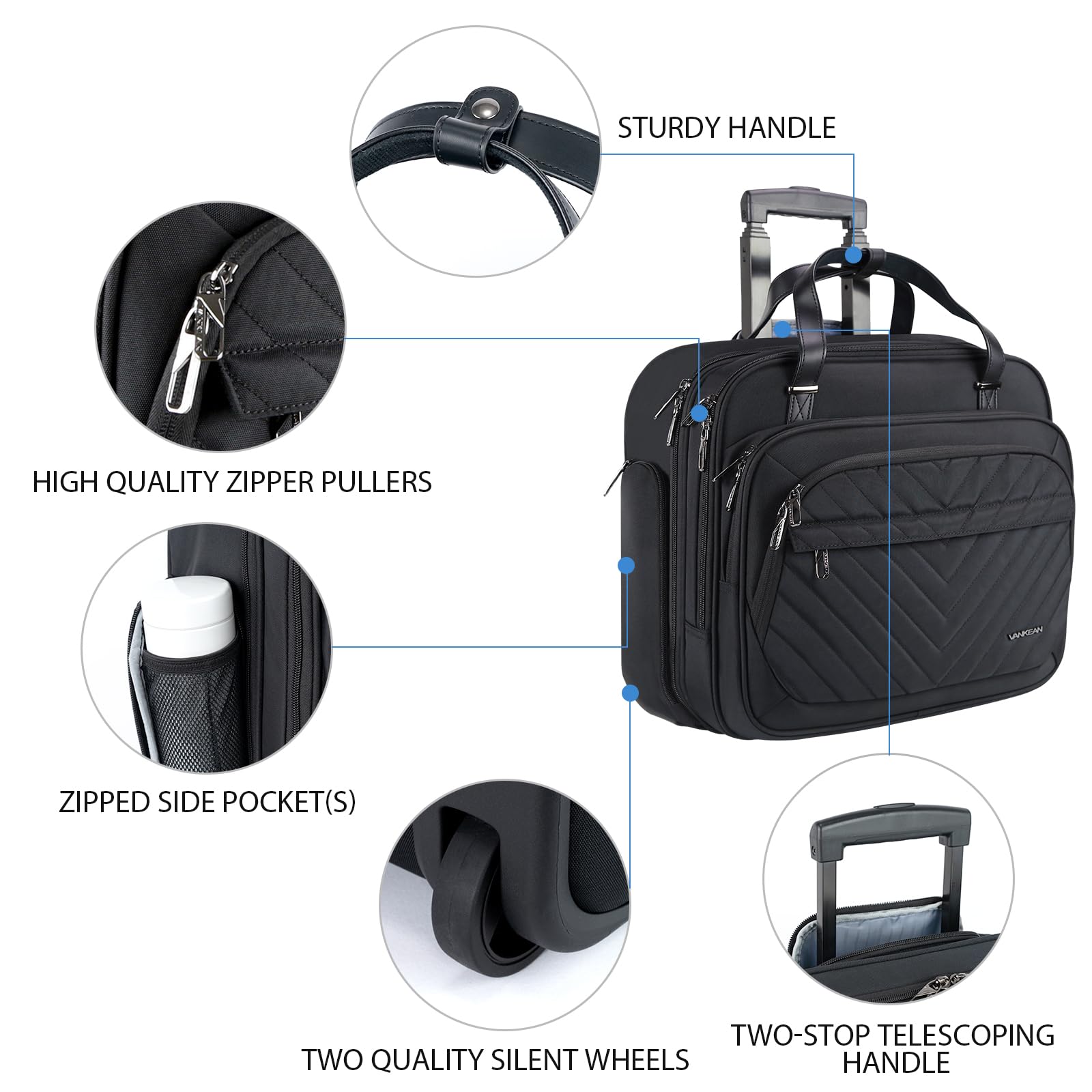 VANKEAN - Valigia porta laptop con ruote per donne, borsa da 39,6 cm con ruote per donne, borsa per computer impermeabile da viaggio/lavoro con tasche RFID, nera