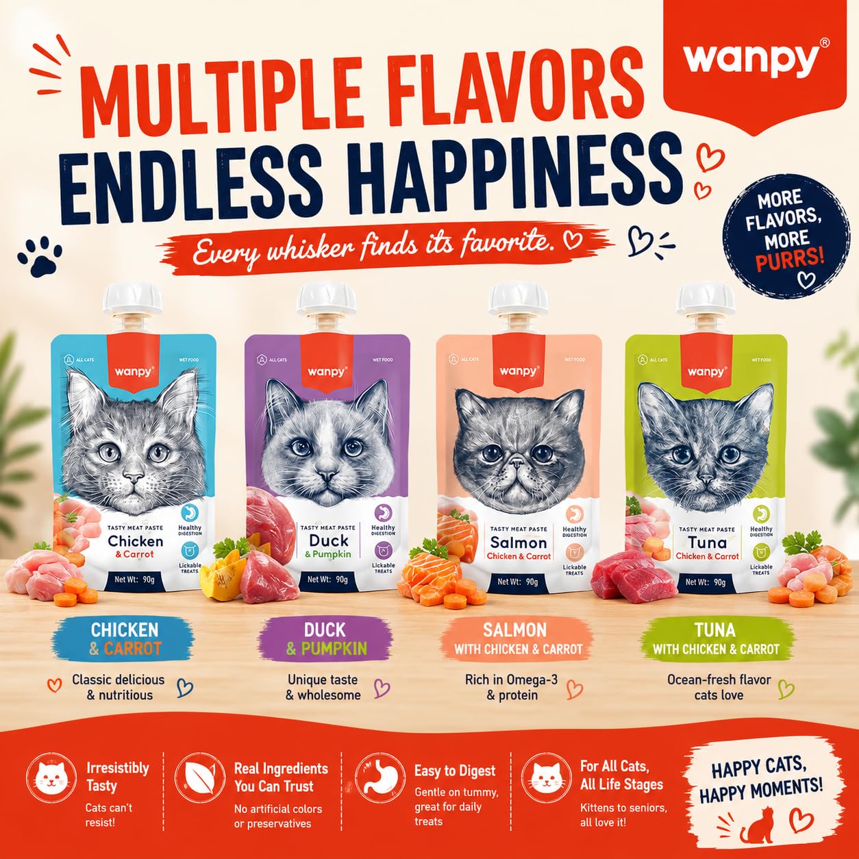 Wanpy Tasty Meat Paste Cat Treat, Salmon Chicken & Carrot, 90g | Creamy Lickable Wet Cat Treat | Real Meat | High Protein | Healthy Digestion | Meal Topper | for All Cats & Life Stages (Pack of 4) 4