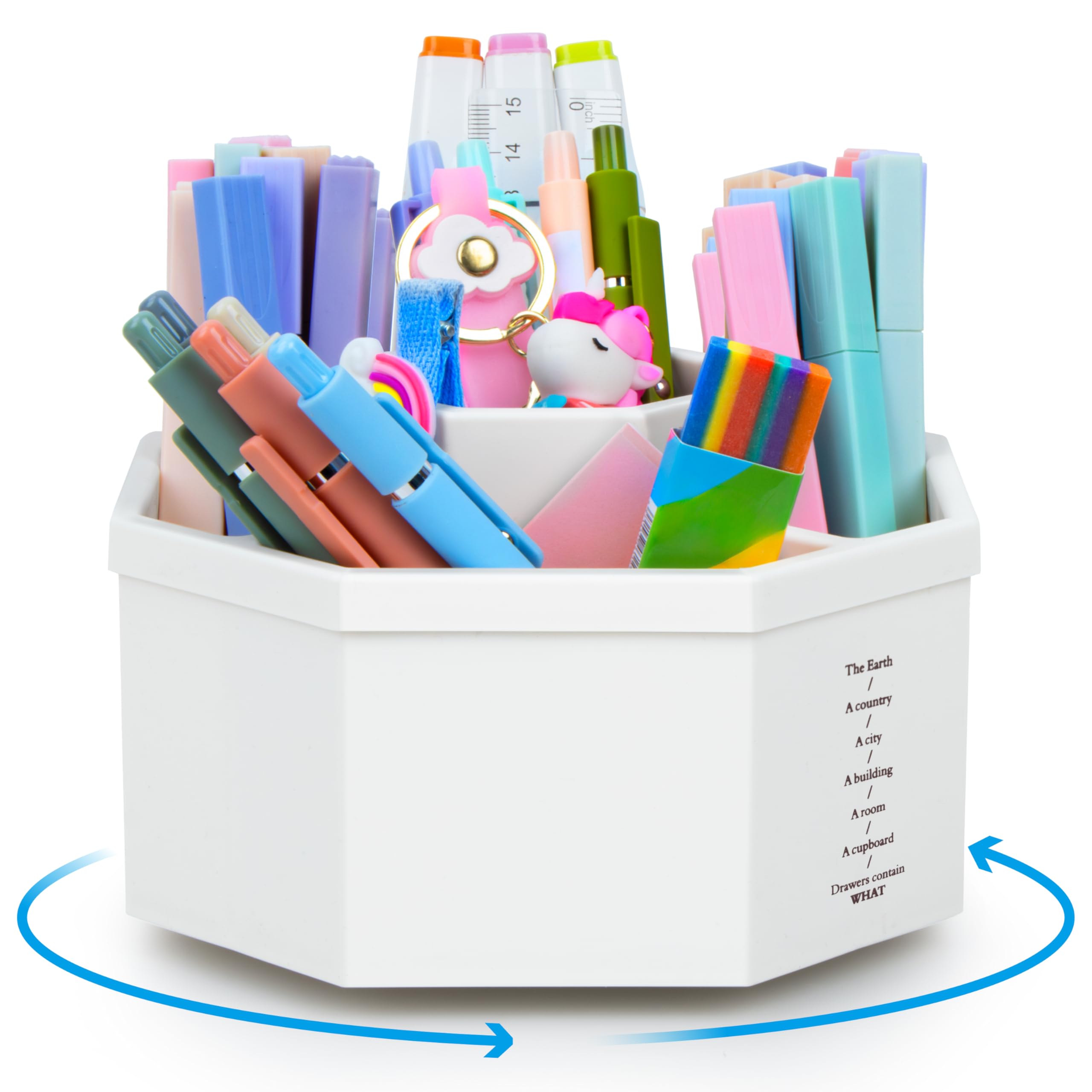 MOWETOO Portalápices giratorio 360° para niños, organizador de escritorio con 5 compartimentos, organizador de lápices, color blanco para escritorio, escuela, oficina, familia