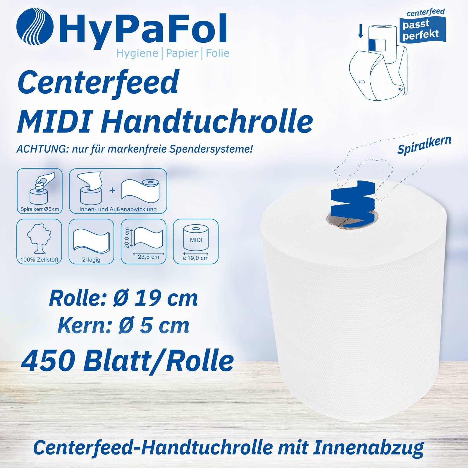Hypafol Handtuchrolle aus Zellstoff | 2-lagig, 6 Rollen, hochweiß,20 x 23,5 cm, Ø19 cm |mit bequemer Innen- und Außenabwicklung - Perfekt für Sauberkeit und Hygiene!