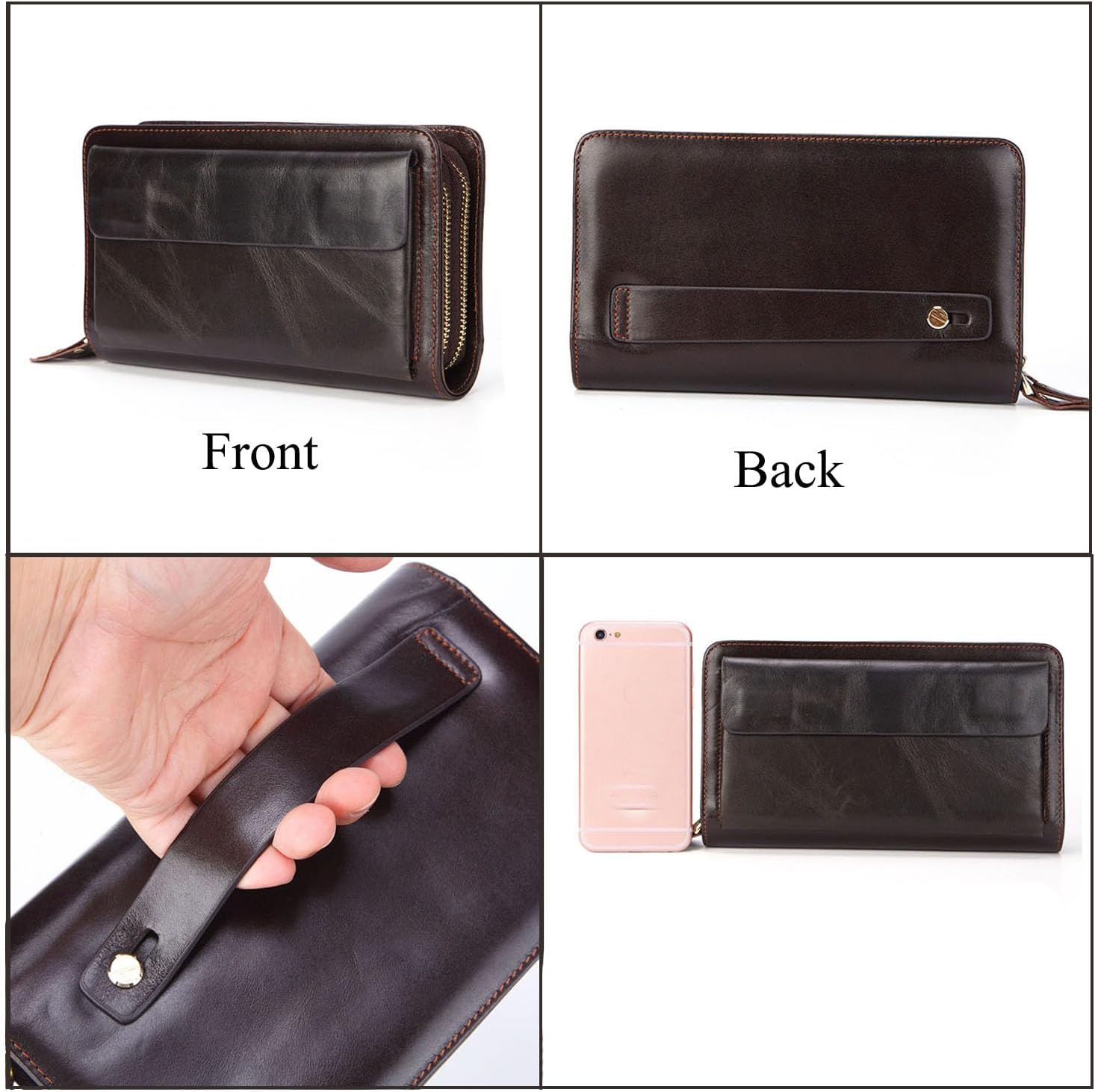 Mens Clutch Bag Brown Men's Long Leather Wallet First Layer Cowhide Fashion Clutch Double Zipper Unisex Business Bag - Image 6