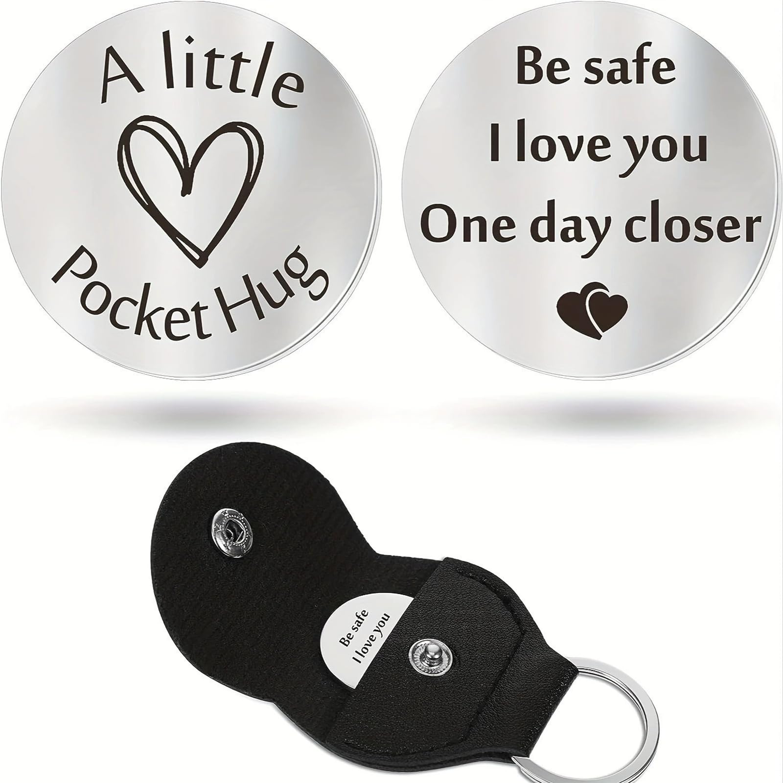 Yfelomatric Unisex Silver Pocket Hug Stainless Steel Lucky Coin, Token Long Distance Relationship Keepsake, Inspirational Gift With Pu Leather Keyring For Family, Friends, Daughter, Son, M