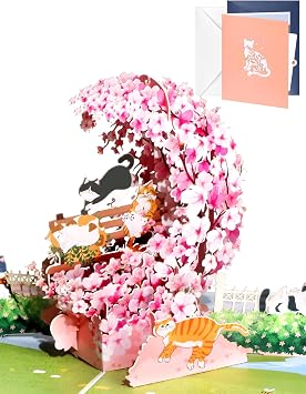 Cats Pop Up Mothers Day Card - Cats Cherry Blossom 3D Funny Greeting Cards with Envelopes, Mothers Day, Anniversary, Valentines, Birthday for Kids Him Her Husband Wife Friends Boyfriend Girlfriend