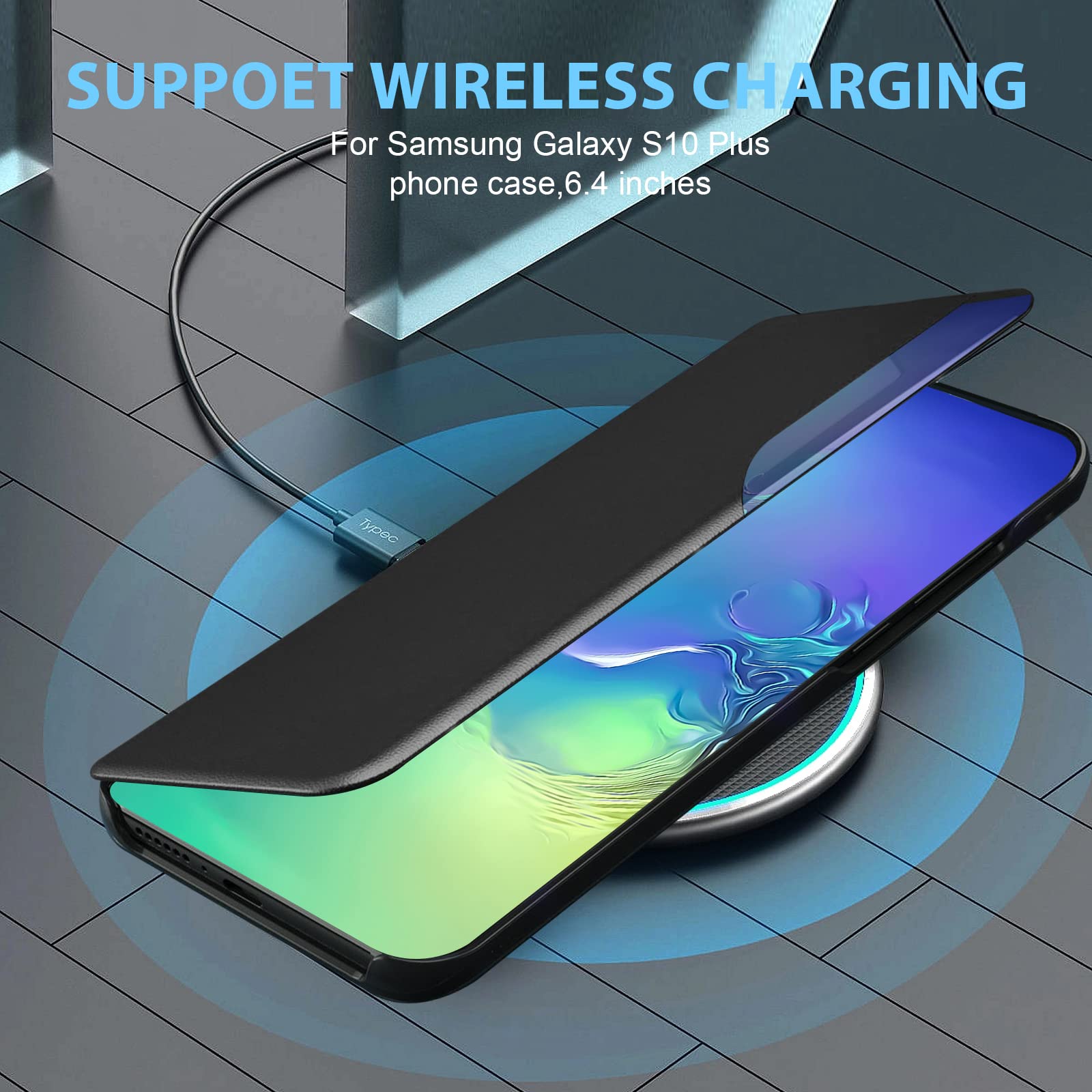 Carcasa para Samsung Galaxy S10 Plus de piel magnética Clear View Funda con tapa para Galaxy S10 Plus, carcasa 360 antigolpes, antiarañazos, función atril para Samsung S10 Plus, color negro