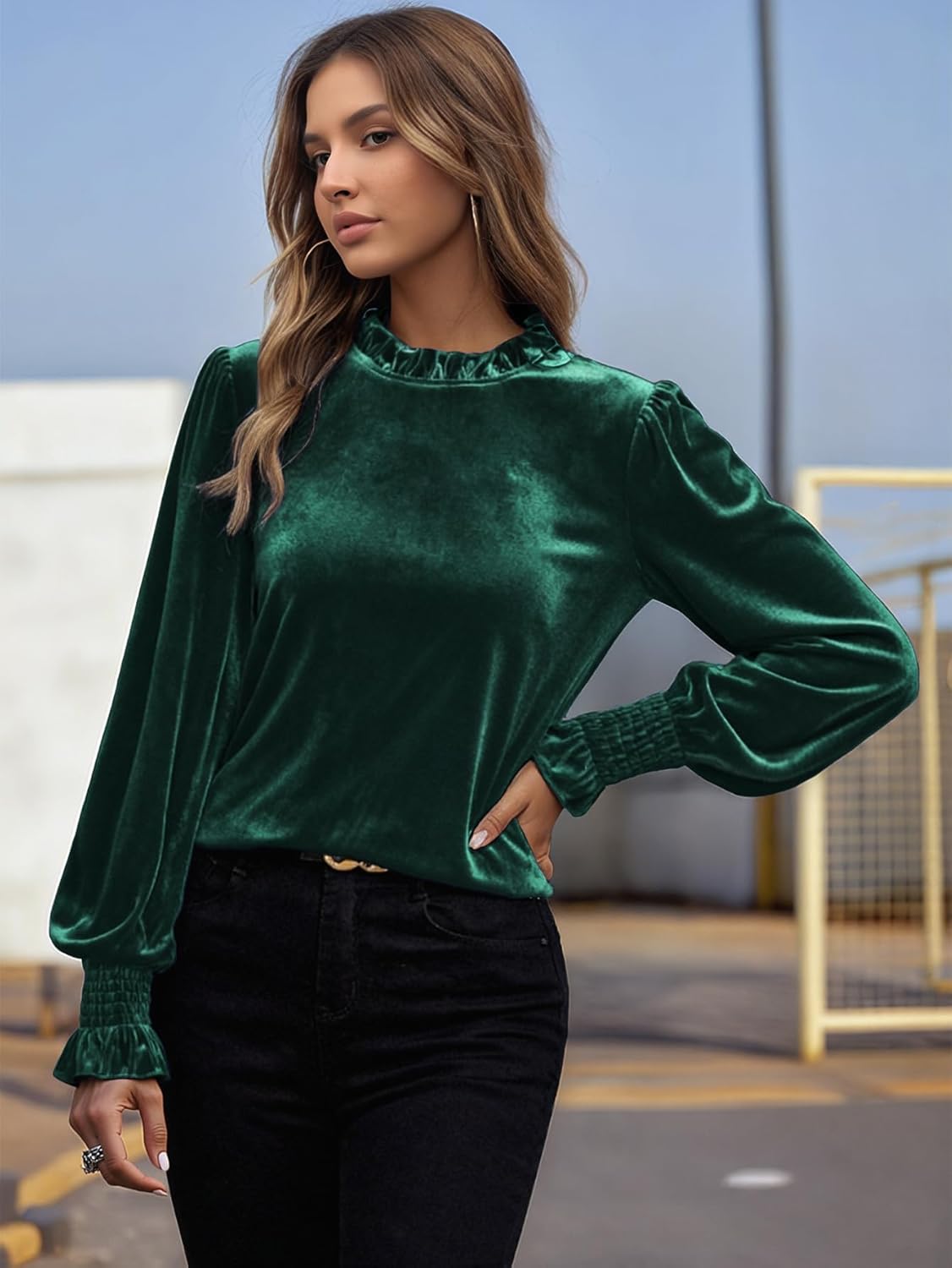 Long Sleeve Velvet Tops for Women, Frill Mock Neck Casual Loose Fit Fall Winter Velour Blouses - Image 4