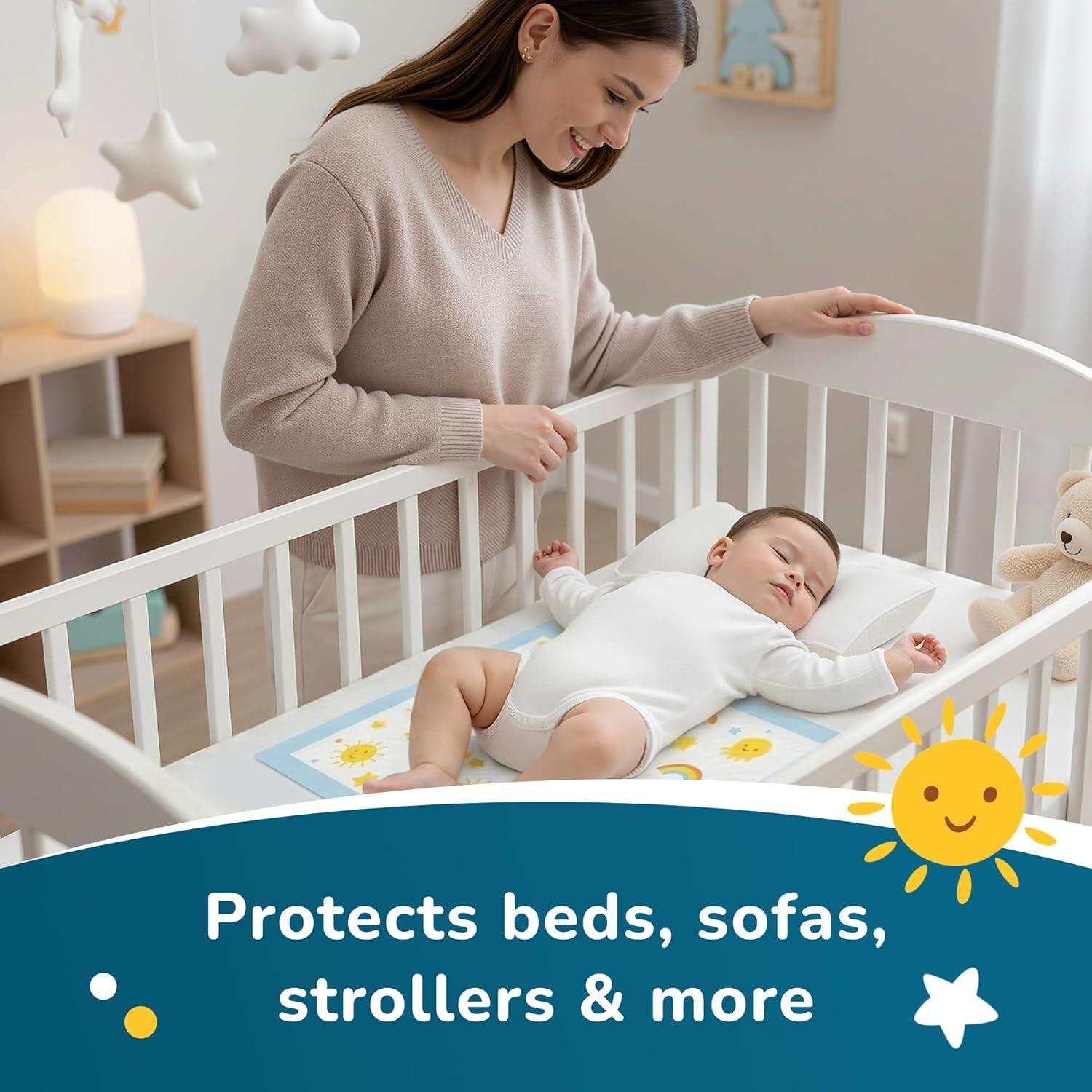 SunnyGuard Disposable Changing Pads for Baby 13 x 18 Inches, 50 Diaper Changing Pad with Unique Design & 6 Layers of Protection for Nursery Use, Travel Changes & Pee Pad Protection, 33 x 46 CM