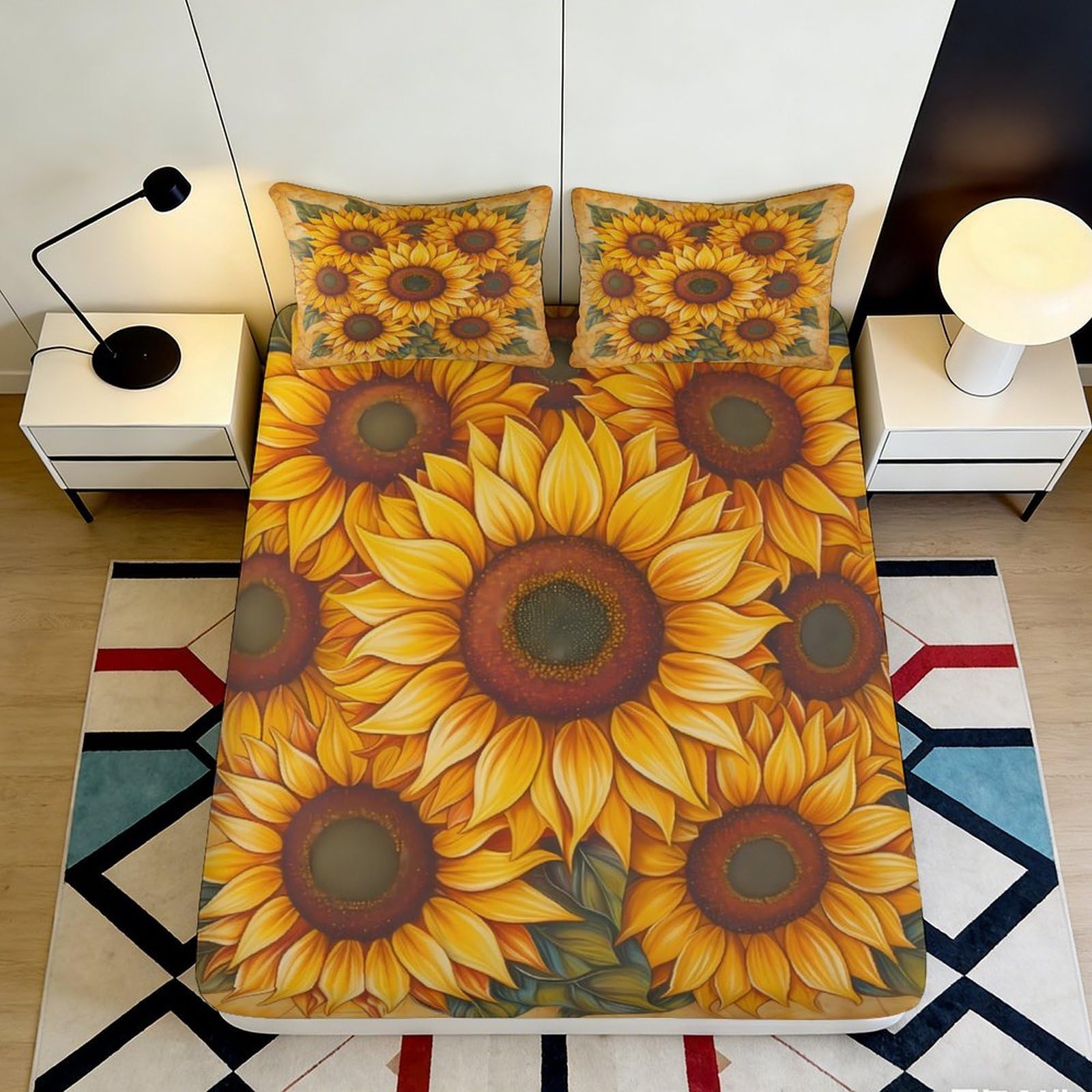 3D Printed Sunflower Fitted Sheet Microfiber Soft Yellow Floral Mattress Cover for Bedroom Guest Room Dorm Decor 90x200x25cm