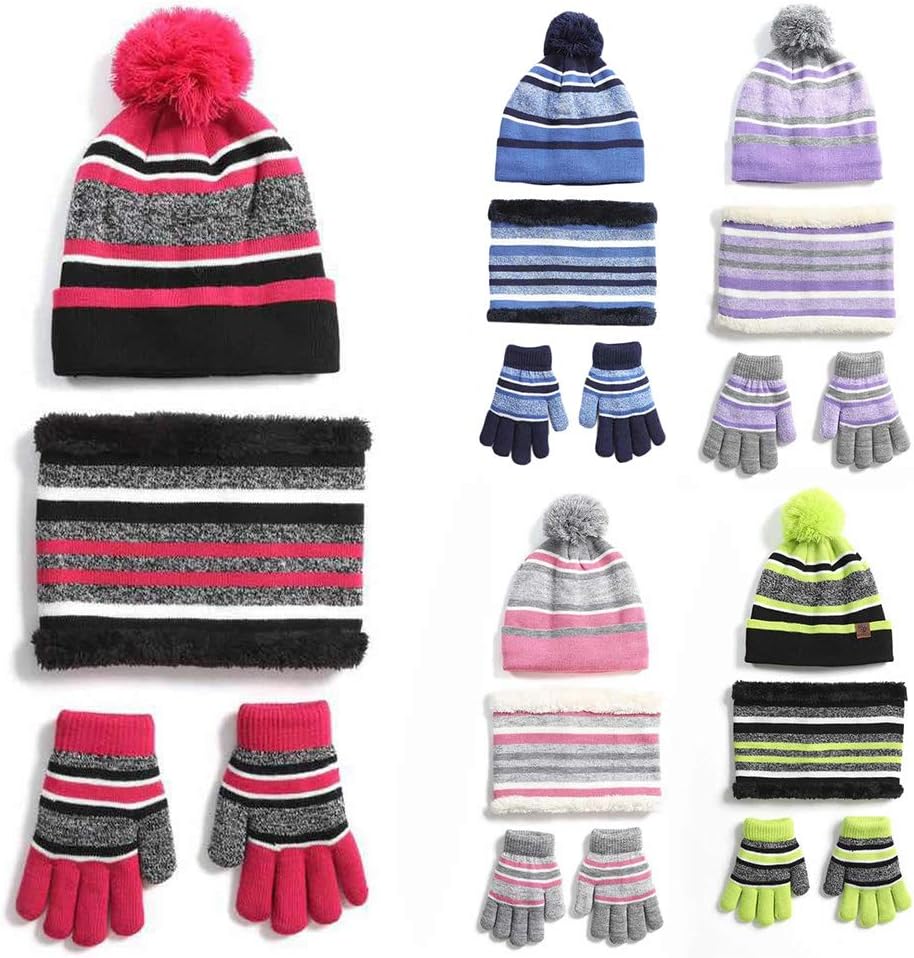 Scarf,Winter Beanie Hat Scarf Gloves Set for Kids Boys Girls Striped Skullcap Mittens Neck Warmer with Warm Fleece Scarf(Rose Red)
