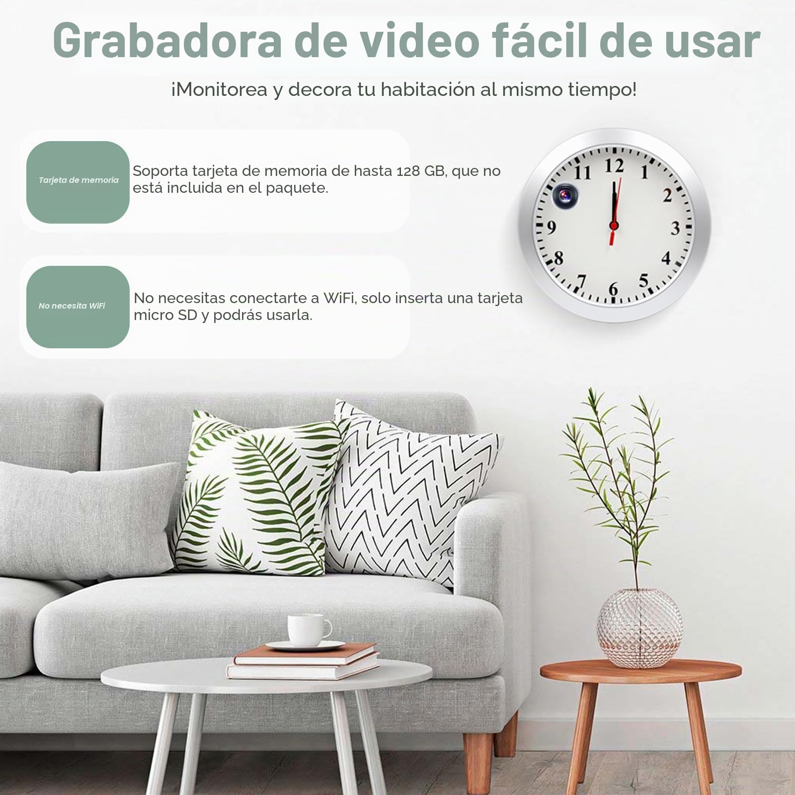 Cámara espía Reloj 1080P HD Videograbador con detección Video Recorder del movimiento Grabación en bucle Cámara de seguridad interior Mini cámara, sin función WiFi