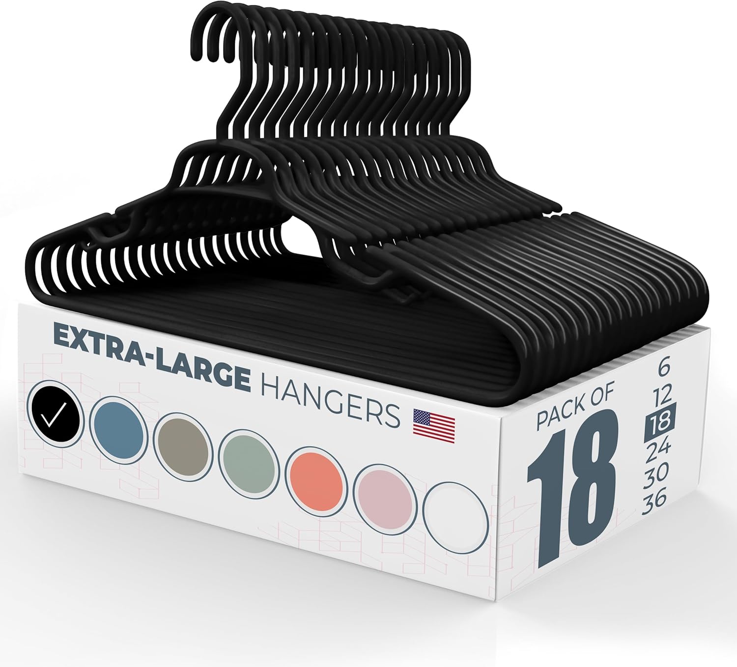 Neaties Large & Wide Heavy Duty Clothes Hangers 18 Pack – Made in USA – Ideal for Plus Size Clothing – 10lb Plastic Hangers with Notches for Oversized Adult Coats & Pants – Black