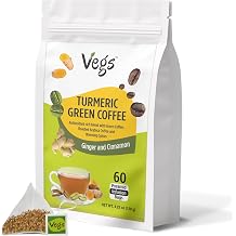 Vegs Turmeric Green Coffee, 60 Pyramid Infusion Bags - Antioxidants Rich Turmeric Golden Milk with Ginger, Cinnamon, Arabica Coffee - Support Energy, Focus & Immunity & Digestive Health