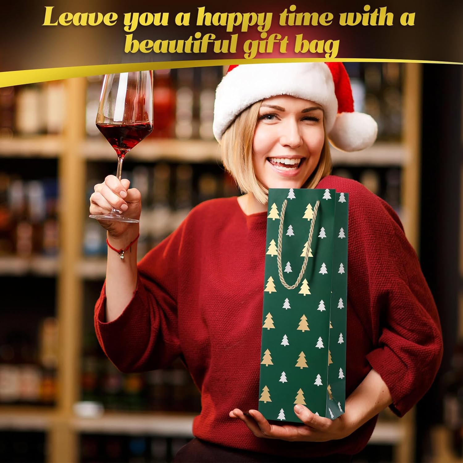 Woanger 60 Pieces Christmas Wine Gift Bags Bulk Kraft Paper Wine Bottle Bags with Handle Red Green White Gift Totes with Gold Polka Dots Christmas Tree for Whiskey Spirits Drinks(Tree)