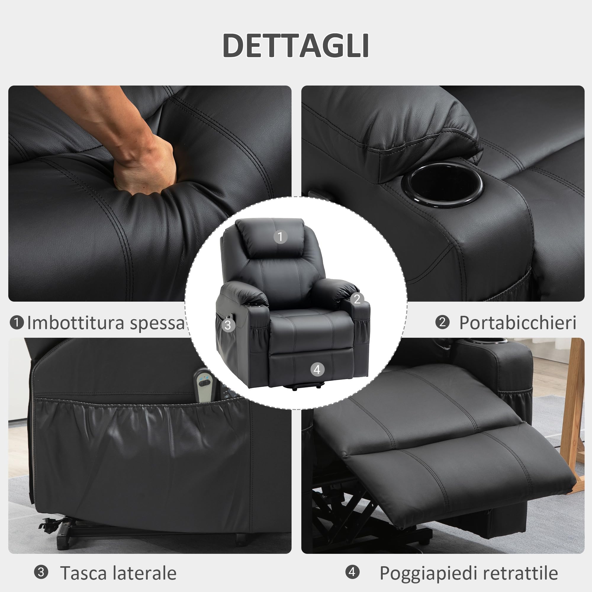 HOMCOM Poltrona Elettrica Alzapersona Reclinabile 135°, Poltrona Relax Elettrica in PU con 8 Punti Massaggianti, 2 Portabicchieri, Tasche Laterali, Telecomando e Poggiapiedi, Nero