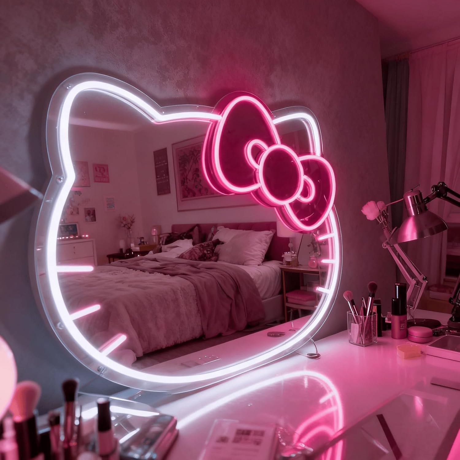 Hello Kit Mirror with Light Neon Signs for Room Decor, USB Powered Cute Cat LED Lights, Teen Girl Best Gift, Makeup Mirror Neon Sign Wall Decor (Warm White)