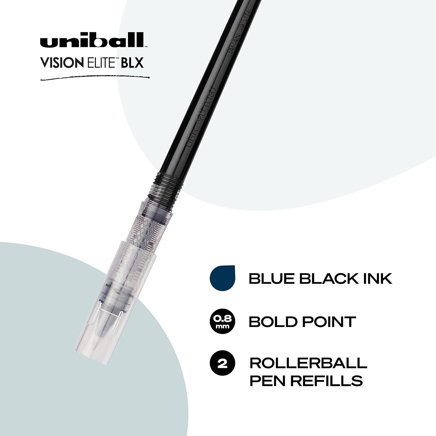 uni-ball Vision Elite BLX Rollerball Ink Pens Refills Bold Point, 0.8mm, Blue/Black, 2 Pack