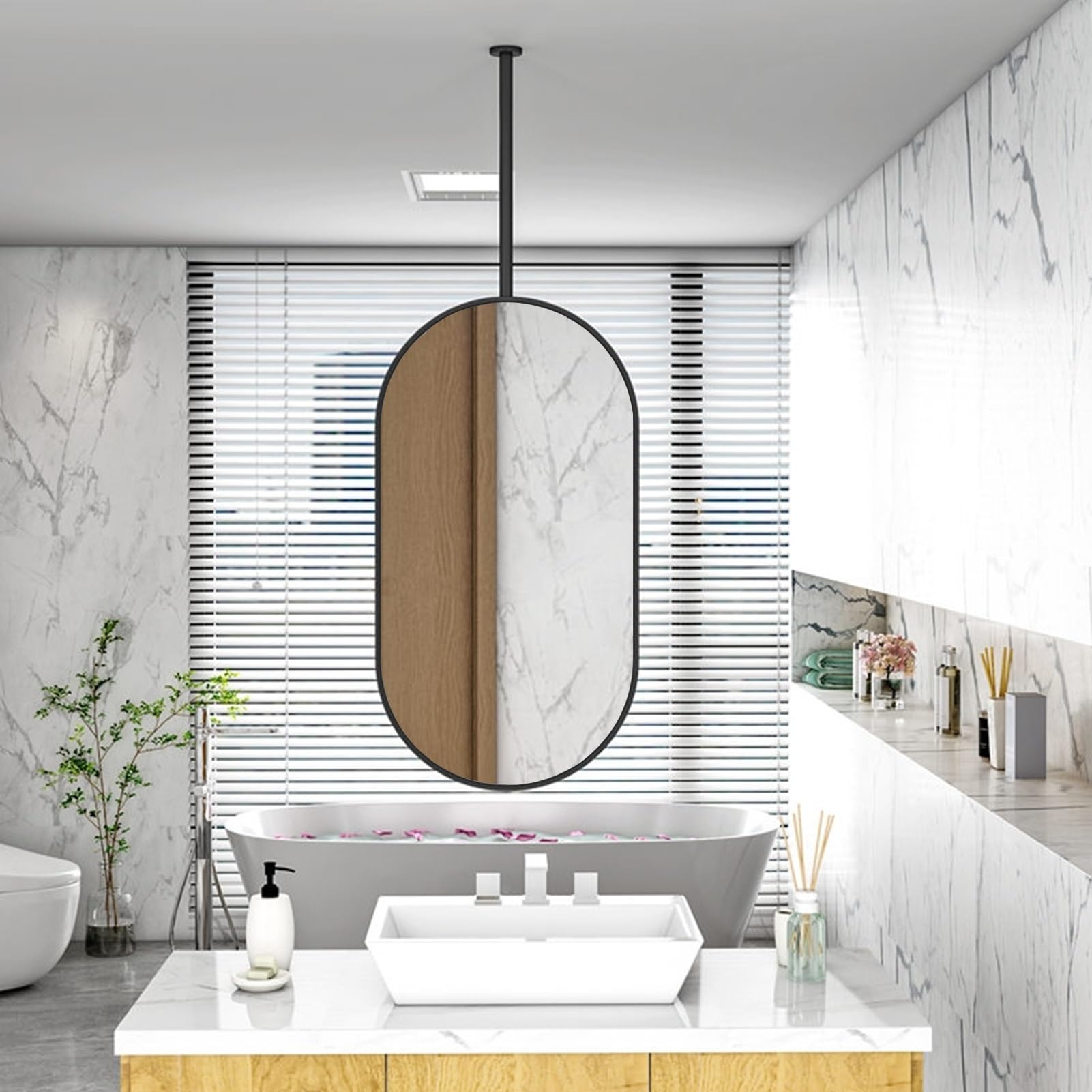 FGXHHS , Oval Ceiling Mounted Mirror with Customizable Rod, Black Metal Frame for Vanity, Decorative Suspended (Size : 40cmx60cm)