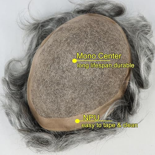 Miniatura 10 de HAPPYCC - Peluca de cabello humano para hombre prótesis de cabello humano fino con Npu alrededor del tupee 1B mezcla de color negro roto 20  cabello