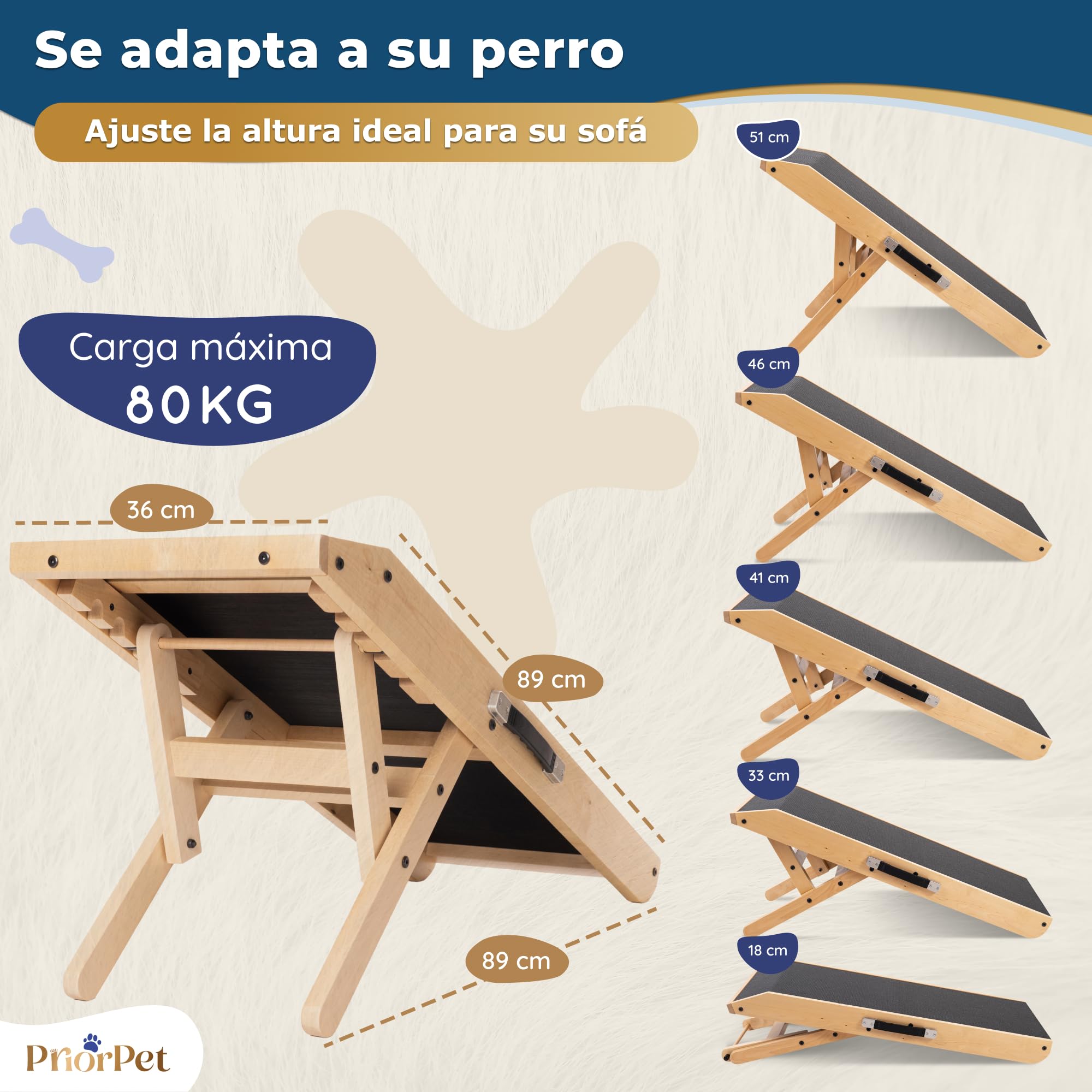 Rampa para Perros pequeños o Grandes - Ajustable 18-53 cm - para Cama y sofá - Madera de Abedul - La Plataforma se Conecta Perfectamente - Superficie Antideslizante - Natural
