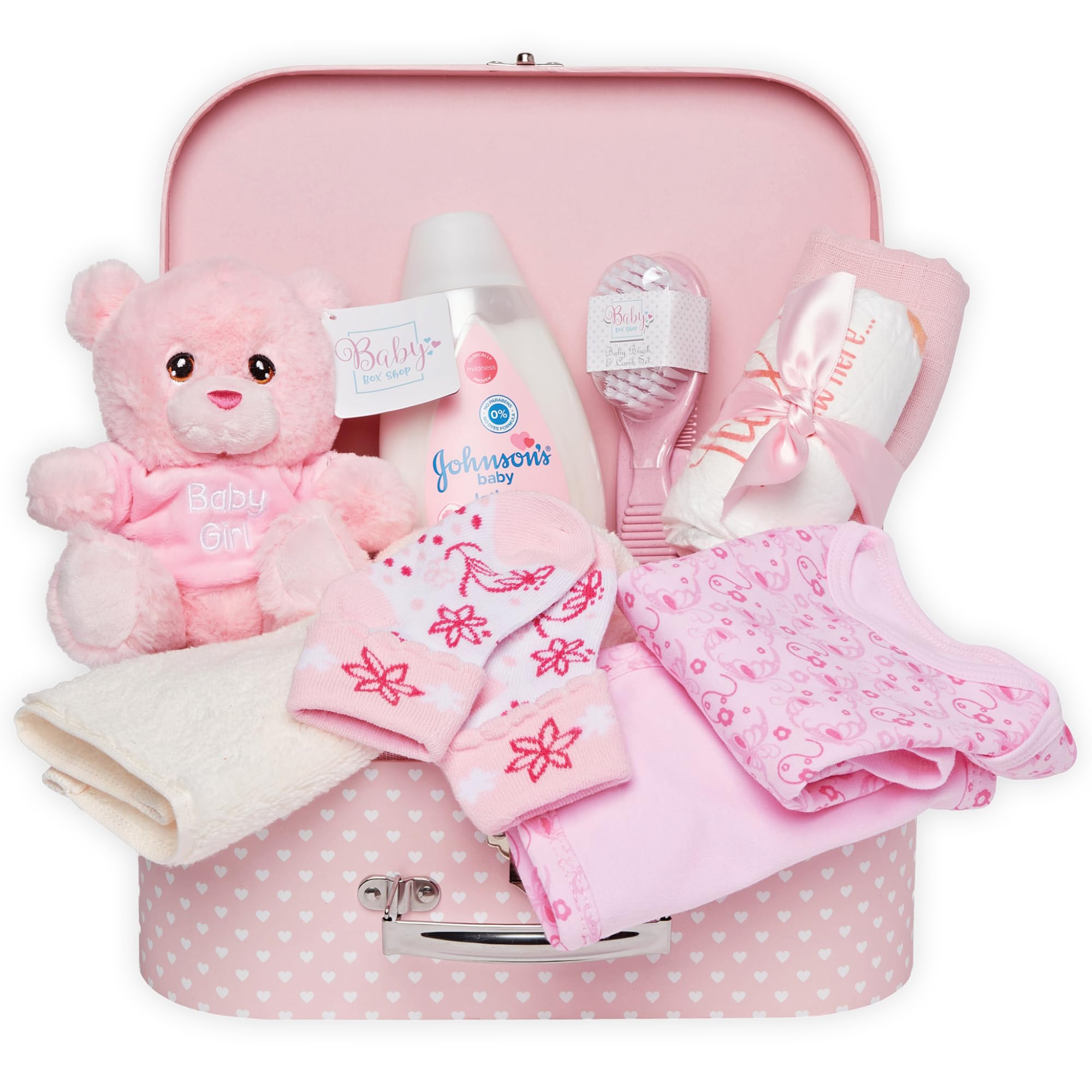 Baby Box Shop Baby Geschenk Mädchen – 12-teiliges Neugeborenen Geschenkset zur Geburt, Geschenkkorb für Baby Girl in Rosa, Baby Geschenk Geburt für Mädchen