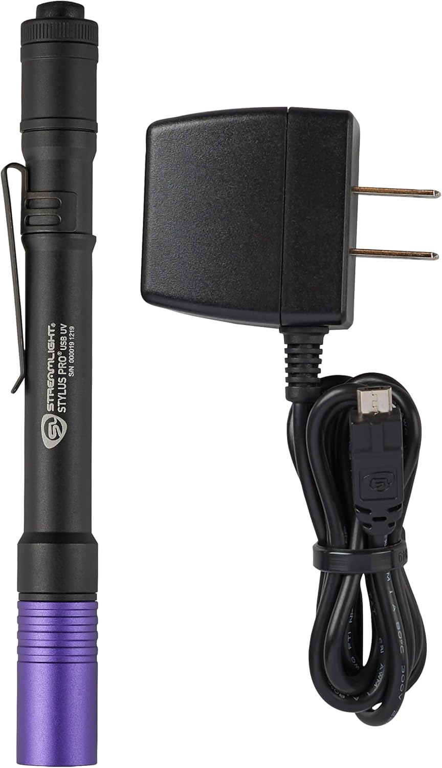 Streamlight 66148 Stylus Pro USB 400nm UV Rechargeable Penlight with 120V AC Adapter, USB Cord and Nylon Holster, Black