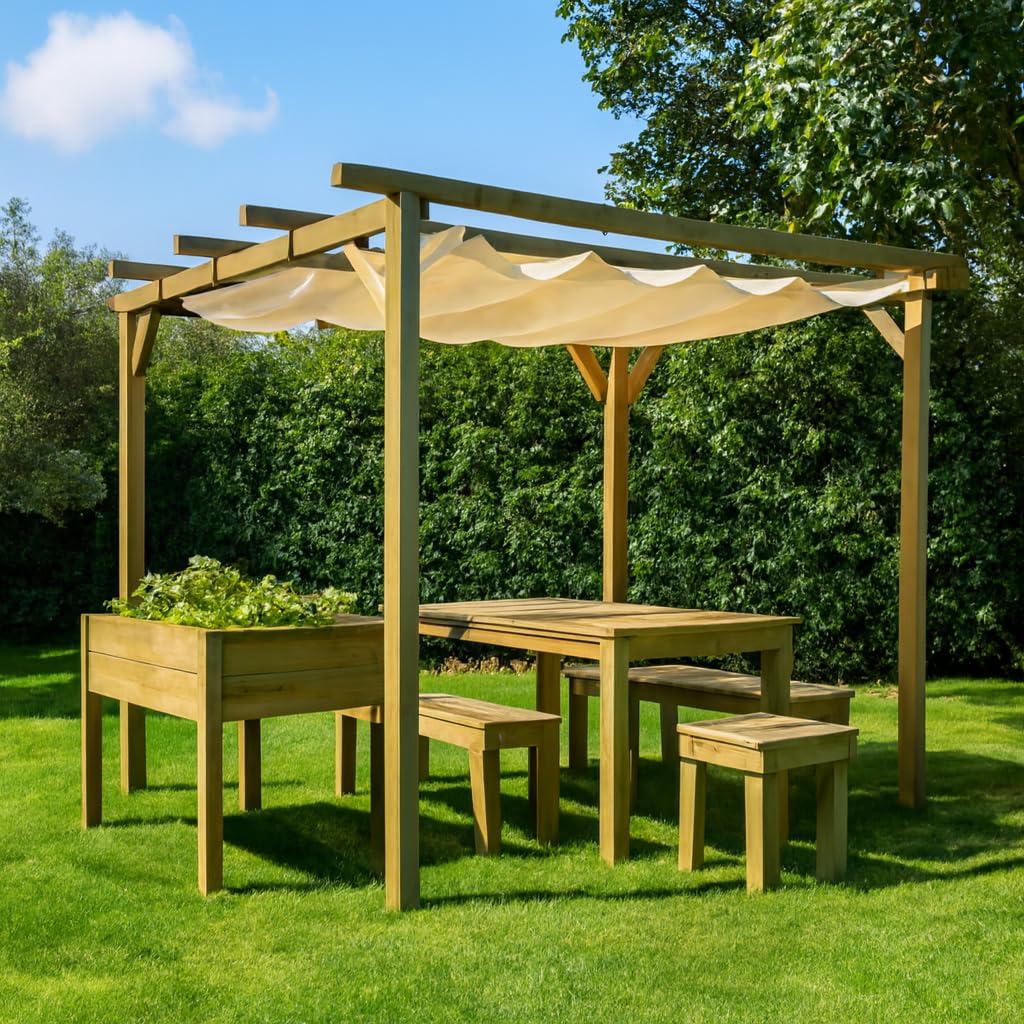 Pergola en bois traité avec auvent coulissant (270 x 270 x 254 cm)