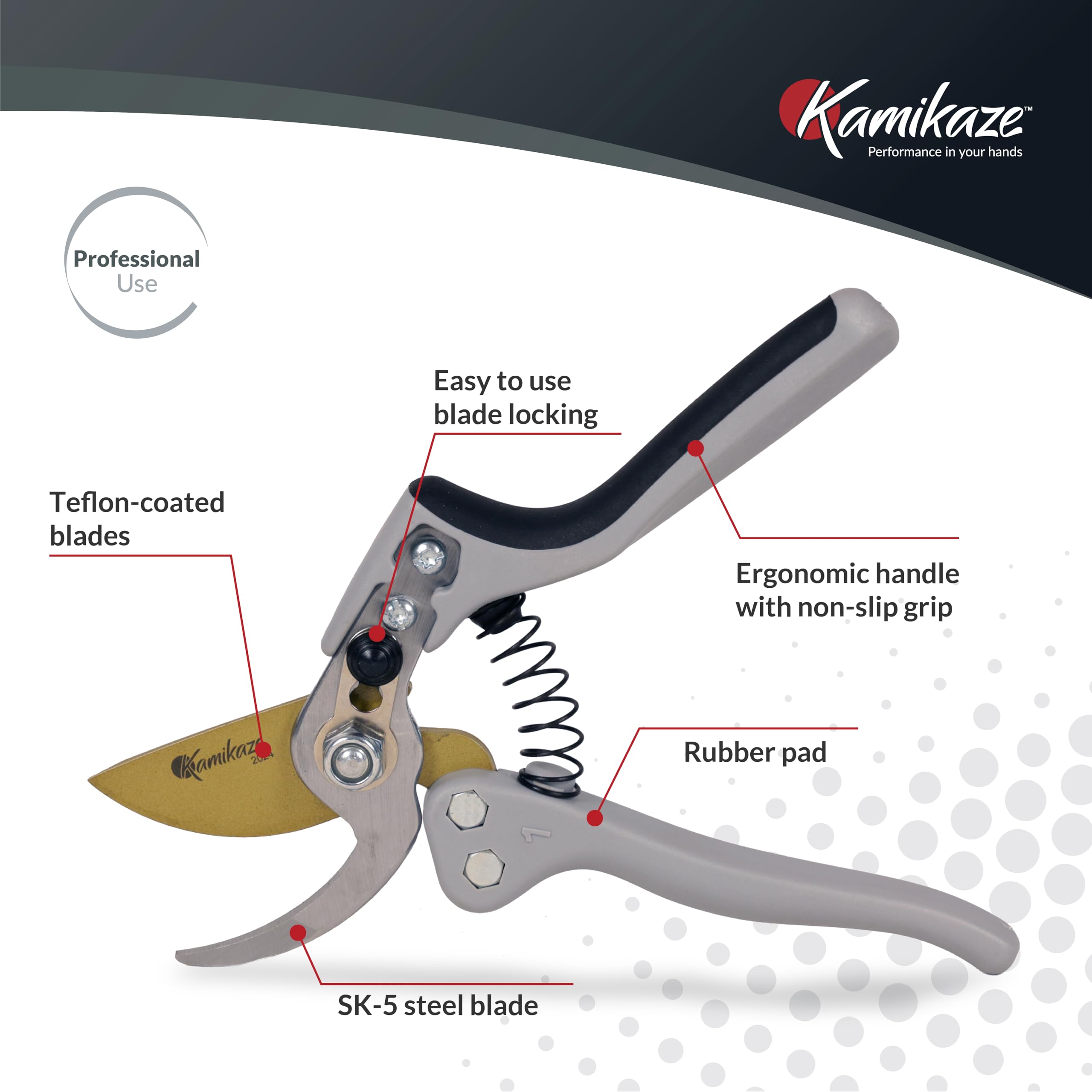 KAMIKAZE - Tijeras de podar profesionales resistentes para jardinería, mango ergonómico cómodo, hoja de derivación SK5 de acero de alto carbono, corta ramas de hasta 1 pulgada, cortaúñas de jardín