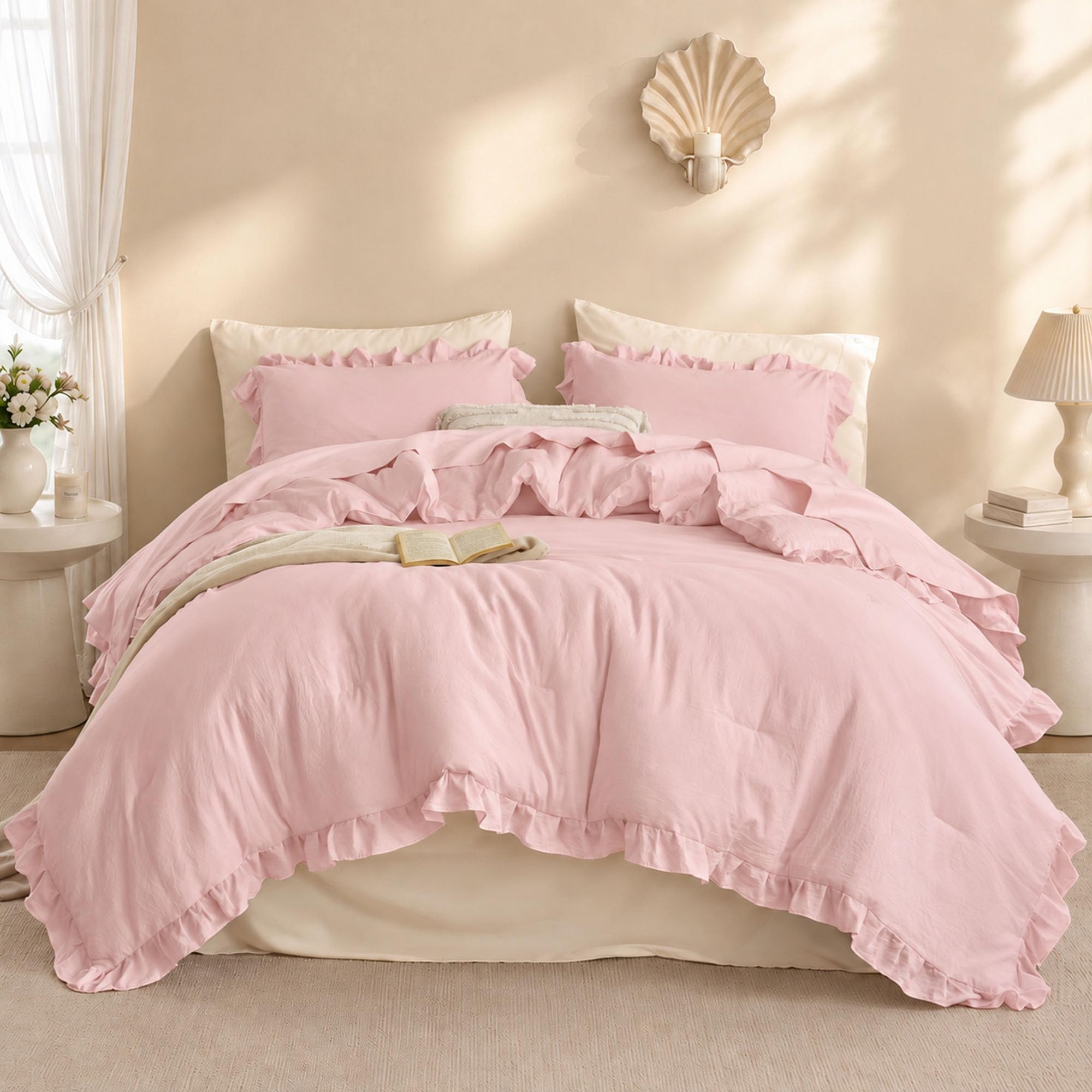 JANZAA Baby Pink Comforter Set Full, Ruffle Soft Bedding