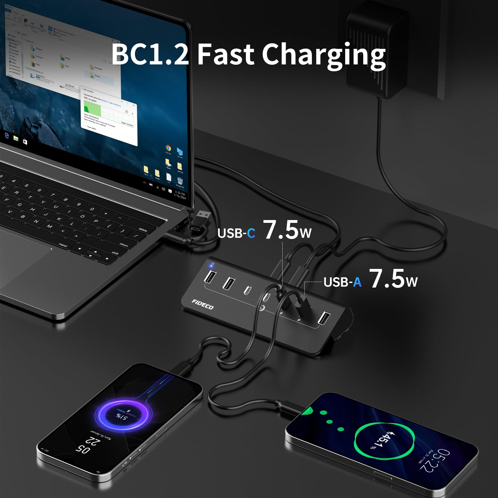 FIDECO Hub USB Alimentato, 7 Porte USB 3.2 Gen 2 10 Gbps Alta Velocità Completamente in Alluminio con Adattatore di Alimentazione 5 V 3 A Supporto di Ricarica BC1.2