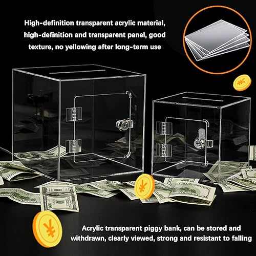 Miniatura 2 de LXBAMKEA Alcancía transparente bancos de dinero para niños con llave tarro cuadrado de acrílico para ahorrar dinero para abrir monedas billetes caja