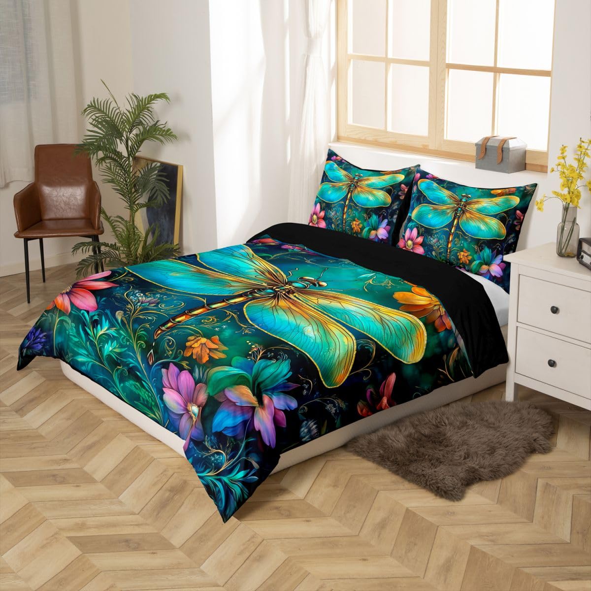 Homewish Ozdobna ważka nadruk super king pościel 3D olej kwiat nadruk poszewka na kołdrę zestaw złote ważki wzór poszewka na kołdrę dla dzieci chłopców dziewcząt, boho kolorowe botaniczne kwiaty