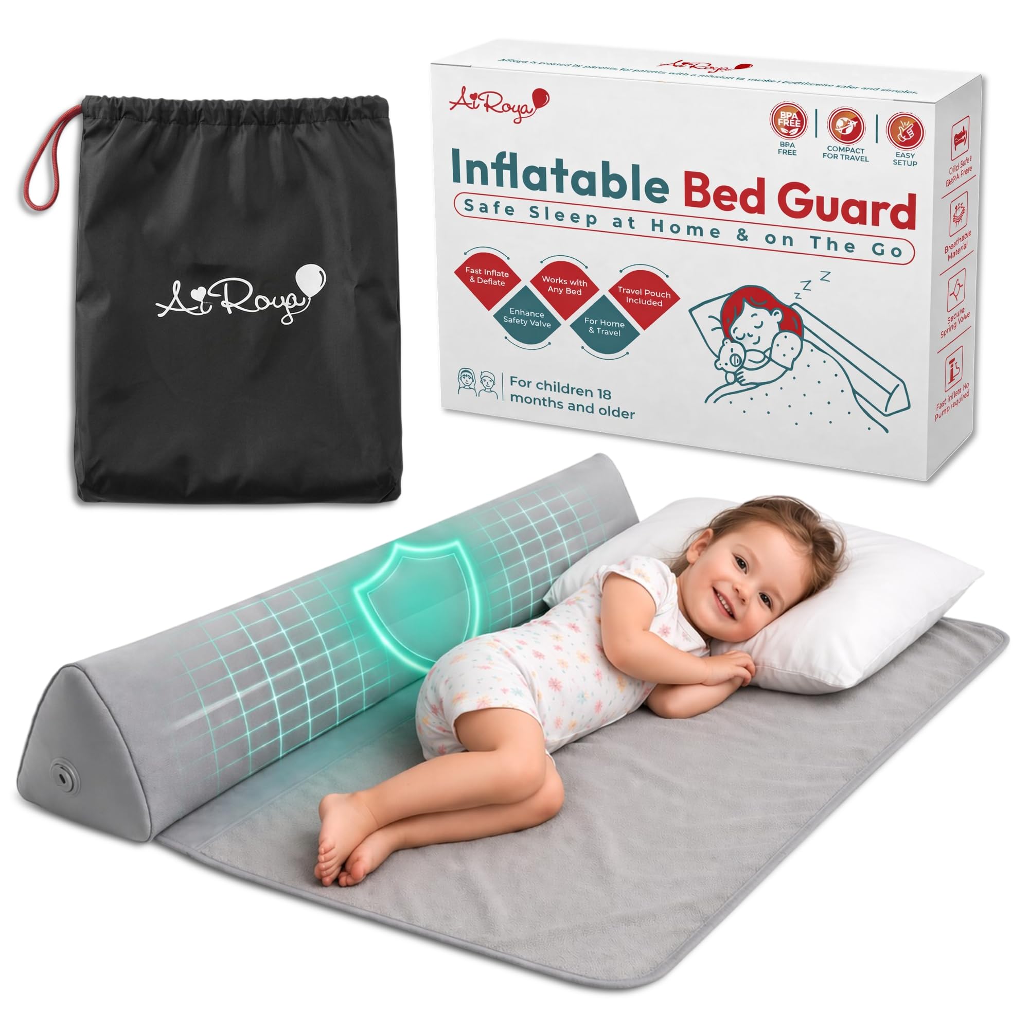 AiRoya Inflatable Bed Guard for Toddlers โ Extra Wide & Stable Bed Rail Alternative โ Portable Travel Bed Bumper โ Fits All Beds (Grey)