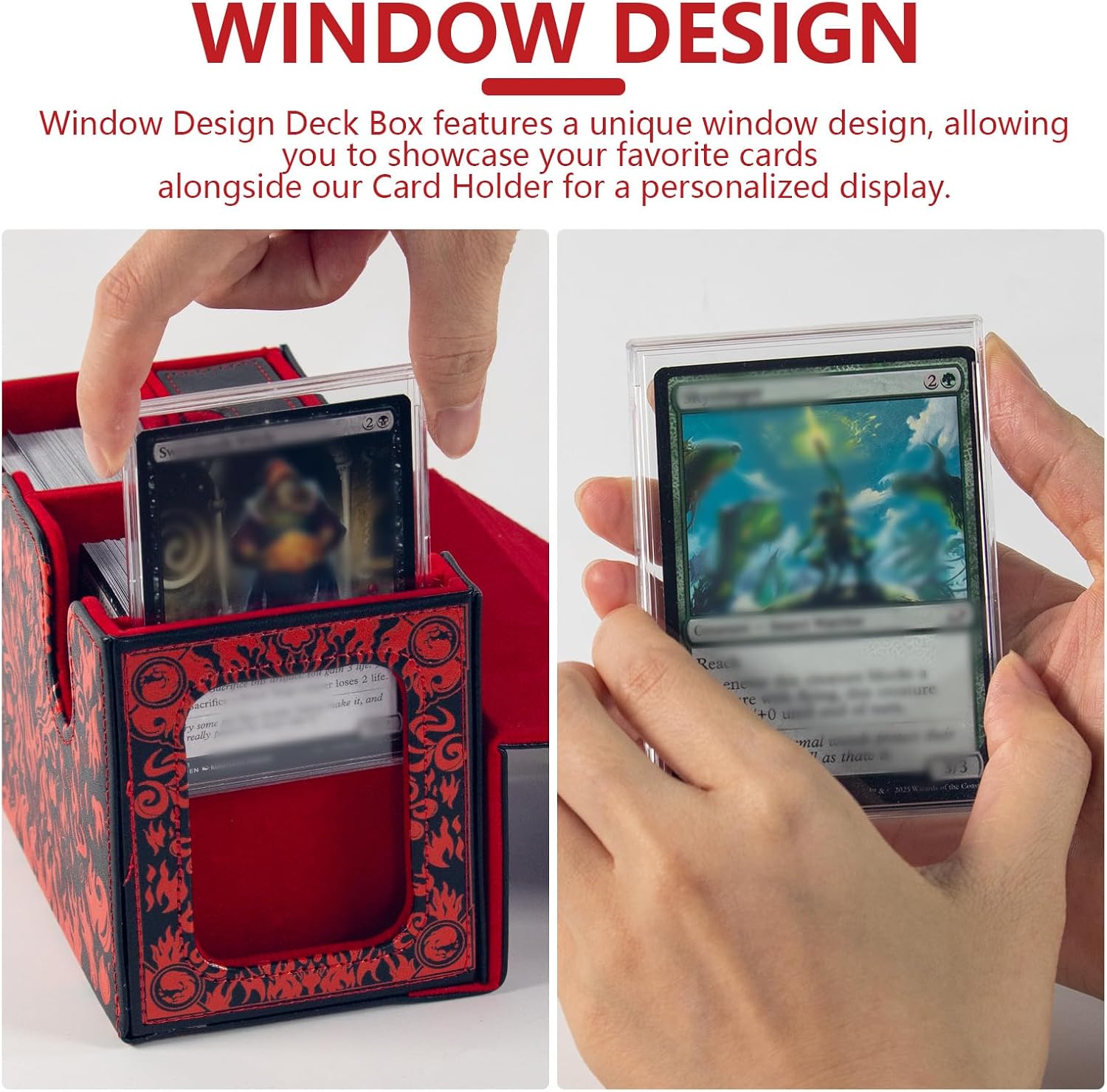 MTG Commander Deck Box with Dice Tray Card Deck Box Fits 160 Double Sleeved /200 Single Sleeved trading Cards, TCG deck box with 6 DICE 1Acrylic Dividers 1 Card Holder (Fire)