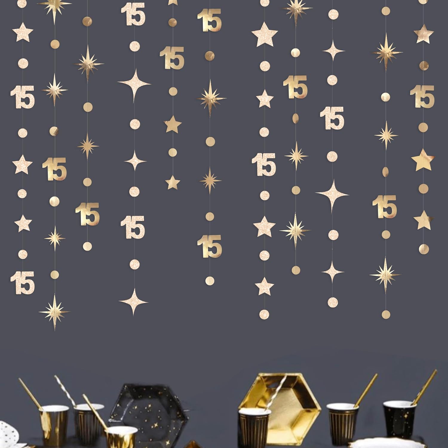Champagne Gold 15th Birthday Decorations Number 15 Circle Dot Twinkle Star Garland Streamer Banner Backdrop for Girls Boys Cheers to 15 Years Old Birthday Happy 15th Anniversary Party Decor Supplies