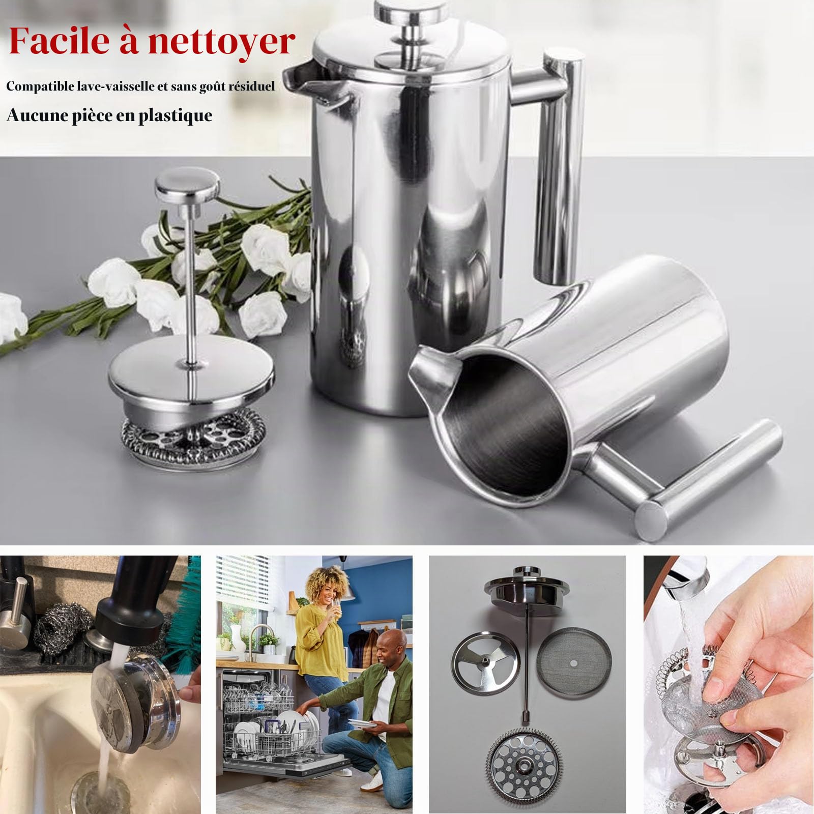 XINGYUEXUAN Cafetière à piston en acier inoxydable, de qualité supérieure, avec fonction thermique, avec triple filtre, passe au lave-vaisselle et isolée, 600 ml